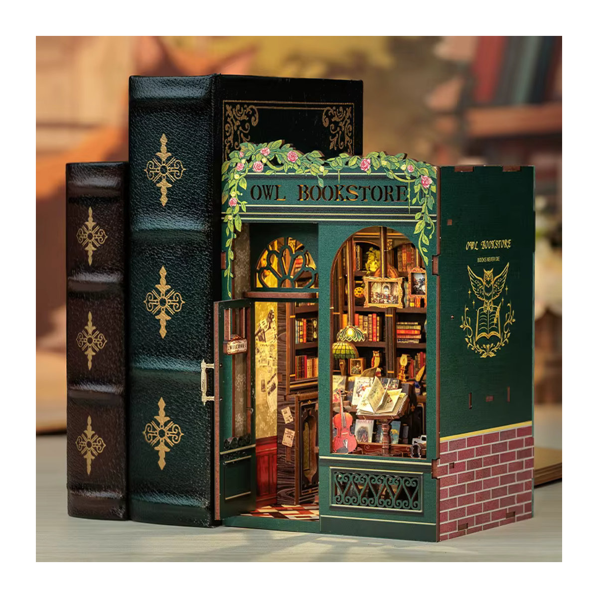 CUTEBEE DIY Book Nook Kit Eulen-Buchhandlung aus Holz mit Lichtern, Mehrfarbiges 3D-Puzzle Miniatur-Puppenhaus als Vintage Bücherregaleinsatz - Bild 4