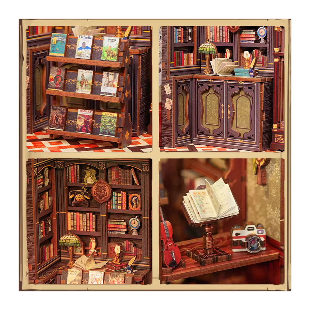 CUTEBEE DIY Book Nook Kit Eulen-Buchhandlung aus Holz mit Lichtern, Mehrfarbiges 3D-Puzzle Miniatur-Puppenhaus als Vintage Bücherregaleinsatz - Bild 5
