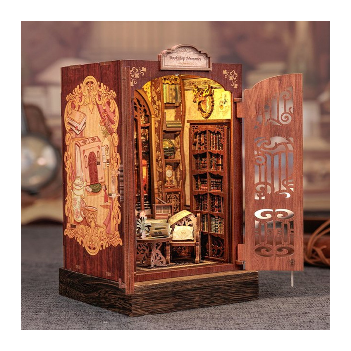 CUTEBEE DIY Book Nook Kit Miniatur-Puppenhaus aus Holz mit Licht, Vintage Bücherregal-Einsatz in Braun - Bild 1