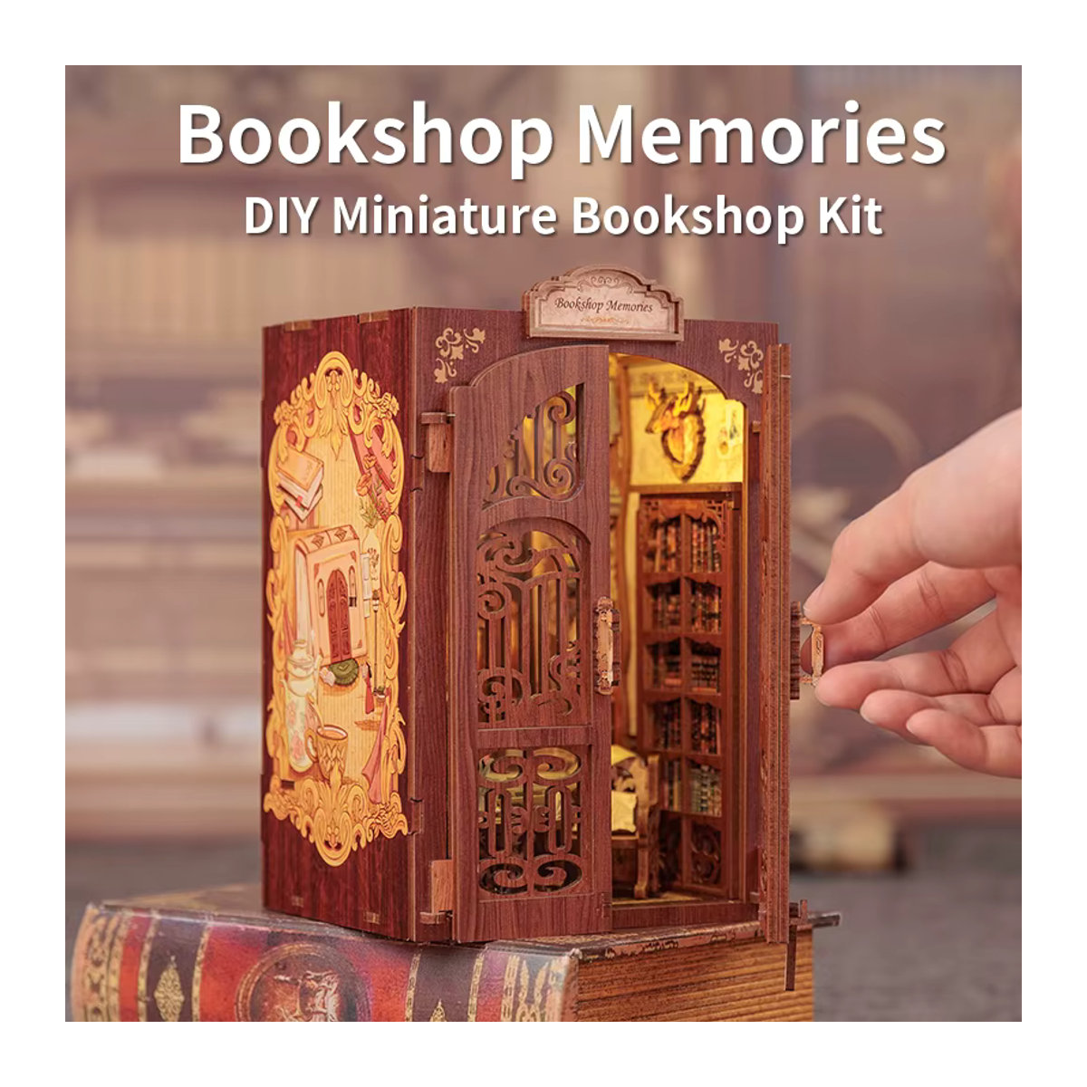 CUTEBEE DIY Book Nook Kit Miniatur-Puppenhaus aus Holz mit Licht, Vintage Bücherregal-Einsatz in Braun - Bild 2