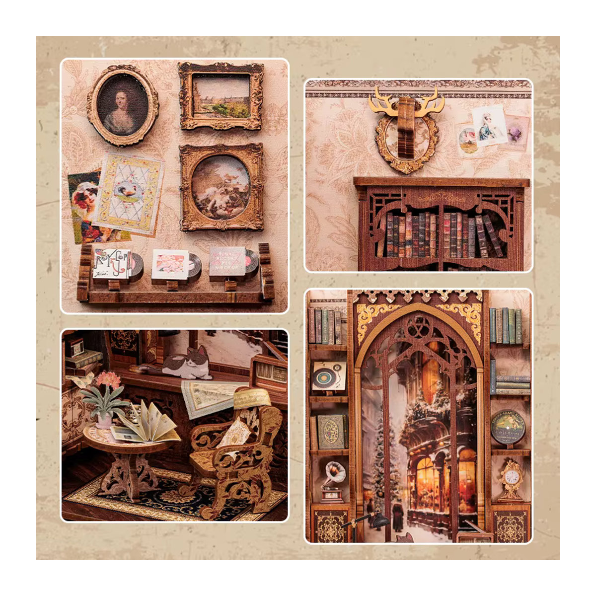 CUTEBEE DIY Book Nook Kit Miniatur-Puppenhaus aus Holz mit Licht, Vintage Bücherregal-Einsatz in Braun - Bild 5