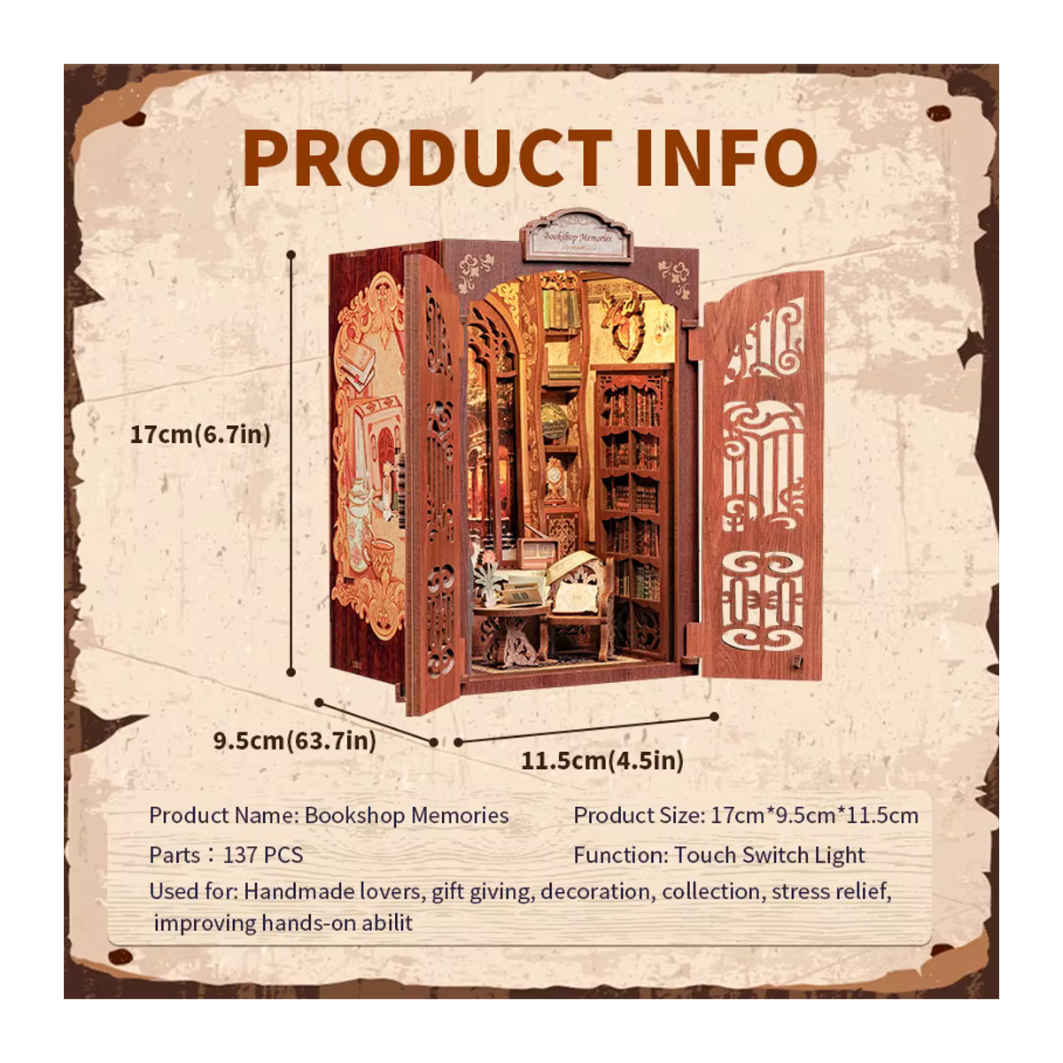 CUTEBEE DIY Book Nook Kit Miniatur-Puppenhaus aus Holz mit Licht, Vintage Bücherregal-Einsatz in Braun - Bild 6