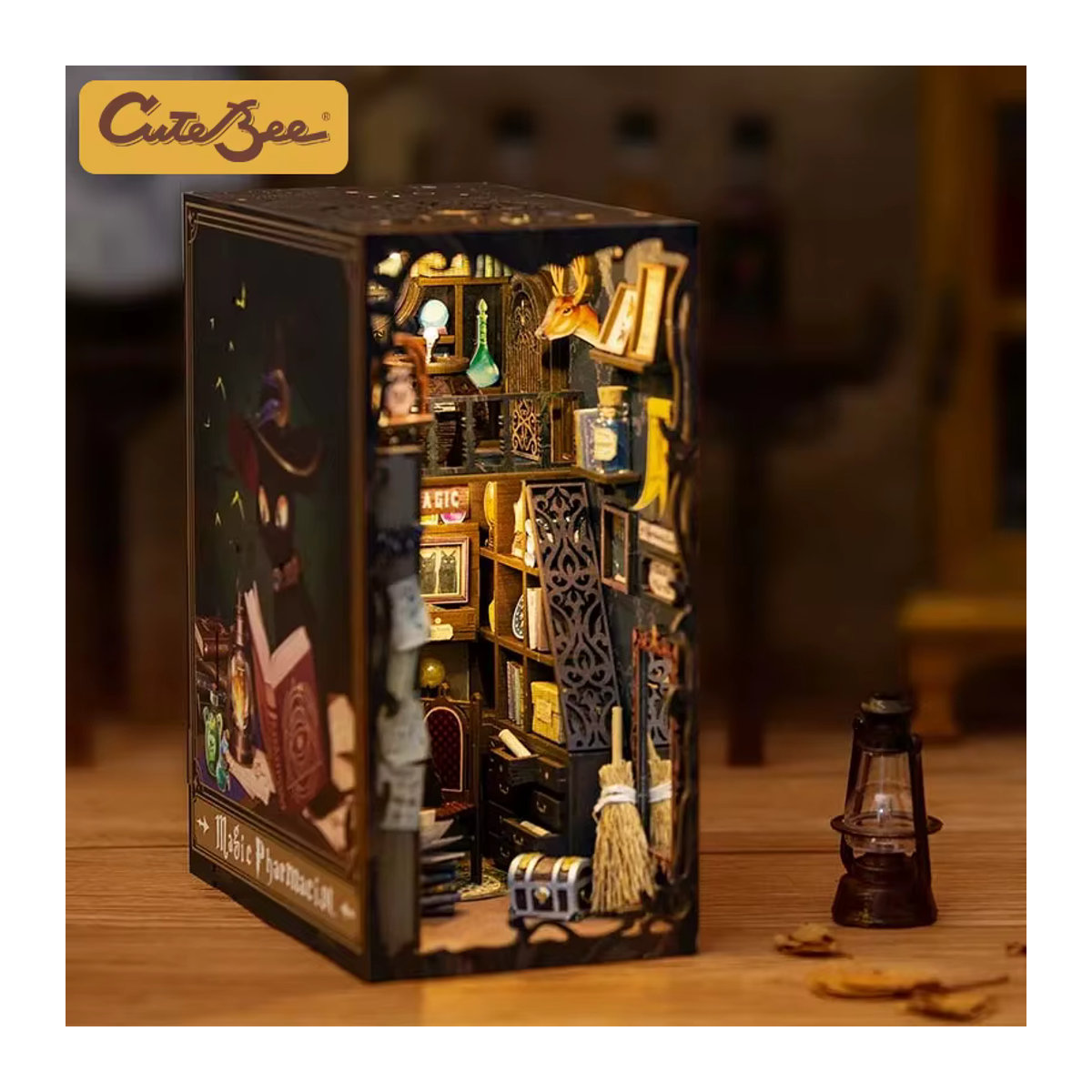 CUTEBEE DIY Buchecke Puppenhaus mit LED-Licht und Staubschutz als Vintage Modell Dekoration, mehrfarbig - Bild 3