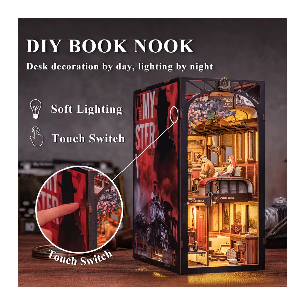 CUTEBEE DIY Buchecke Puppenhaus mit LED-Licht und Staubschutz als Vintage Modell Dekoration, mehrfarbig - Bild 4