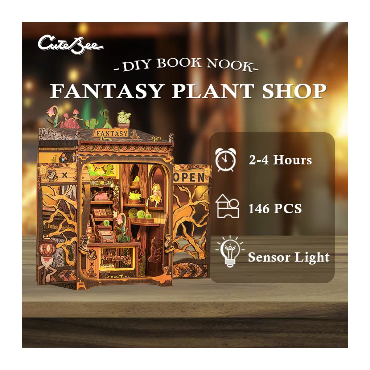 CUTEBEE DIY-Miniatur-Puppenhaus Buchecke mit Licht aus Holz in Art Déco Design, mehrfarbig - Bild 2