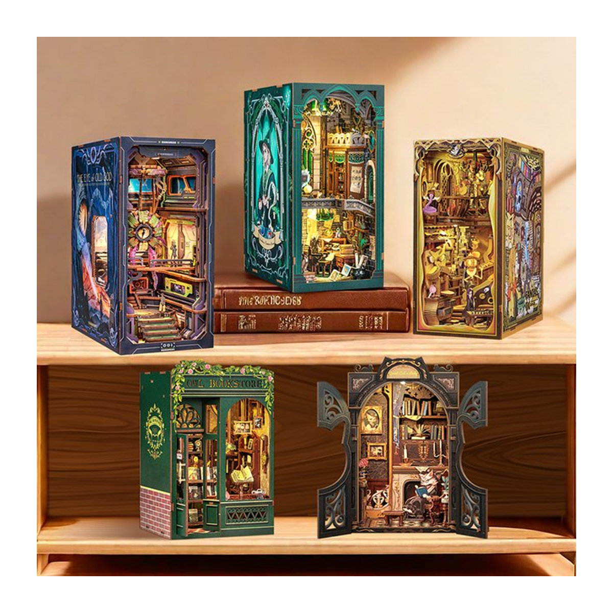 CUTEBEE DIY Miniatur Puppenhaus Buchhandlung Buchecke aus Holz mit Licht, 3D Puzzle Kit im Vintage-Stil, mehrfarbig - Bild 1