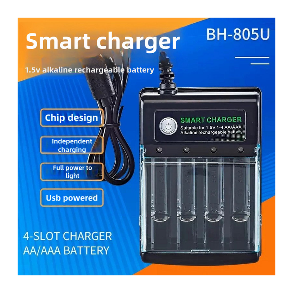 CXAQIUHGMAX USB-Ladegerät für 1,5 V AA-Alkalibatterien mit 4 Steckplätzen und Abdeckung, Schwarz - Bild 1