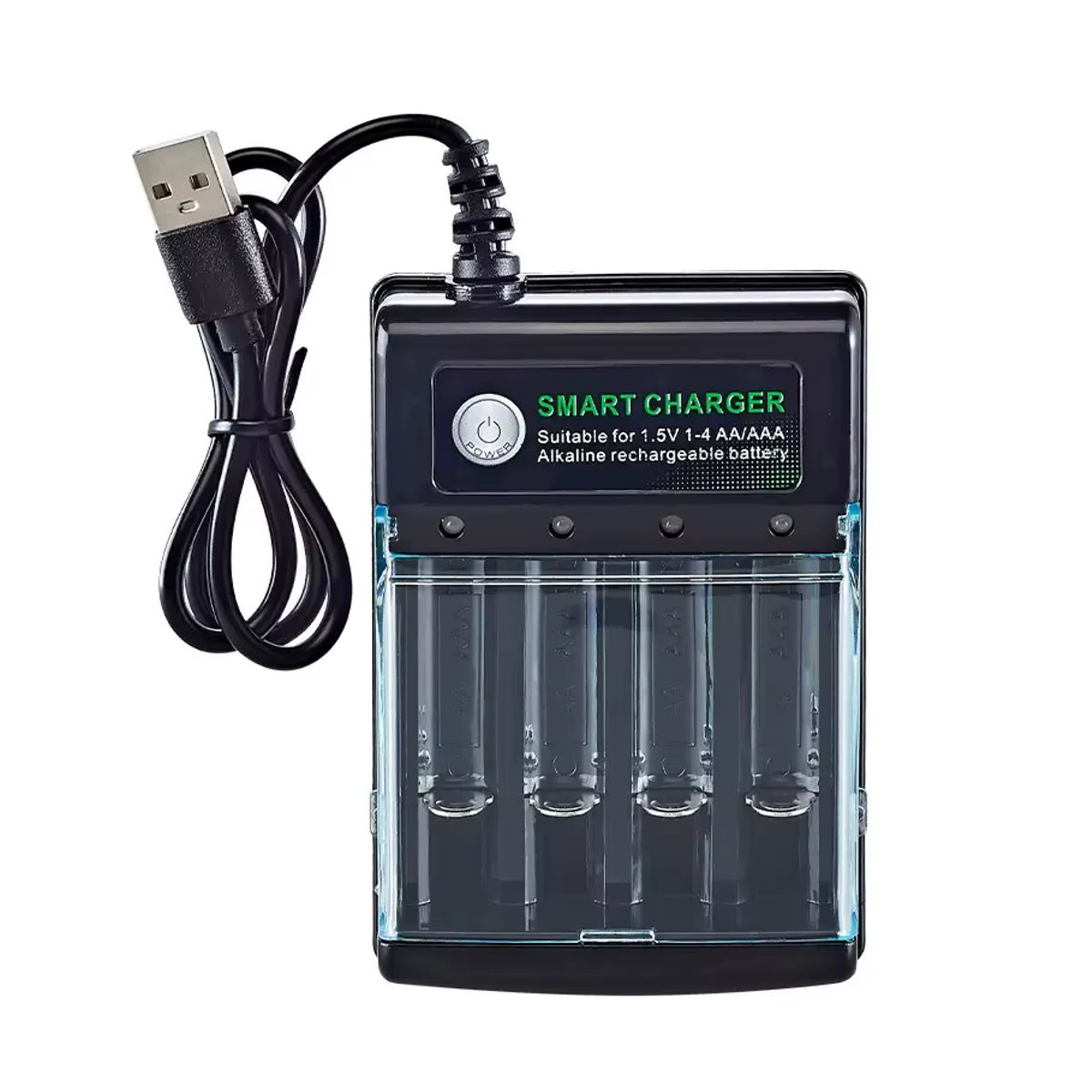 CXAQIUHGMAX USB-Ladegerät für 1,5 V AA-Alkalibatterien mit 4 Steckplätzen und Abdeckung, Schwarz - Bild 4