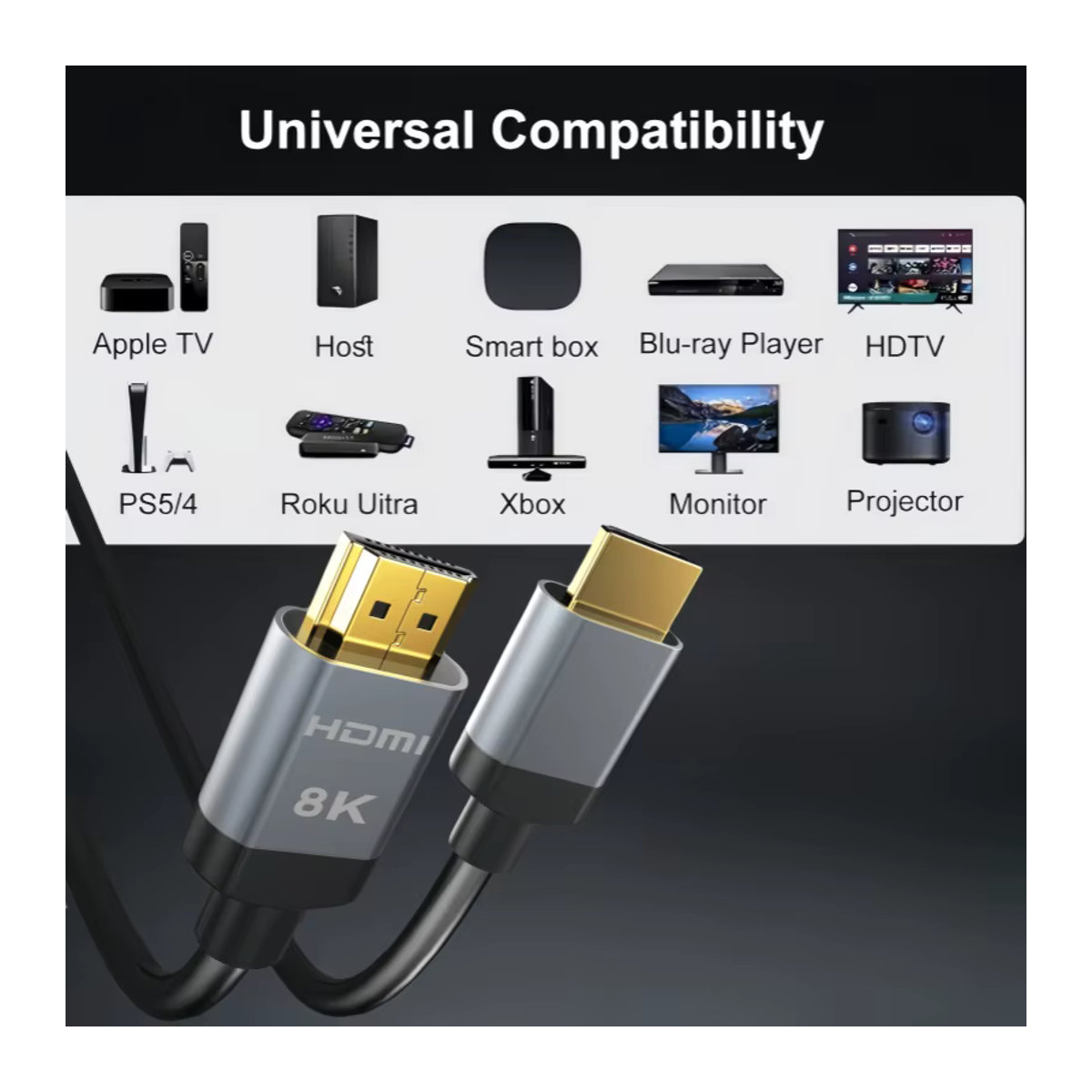 CYANMI HDMI 2.1 Kabel Ultra High Speed 48Gbps in Schwarz mit Aluminium Gehäuse für 8K60, 4K120 und 144Hz, unterstützt eARC und HDR10, kompatibel mit PS5, Roku TV und Blu-ray - Bild 5