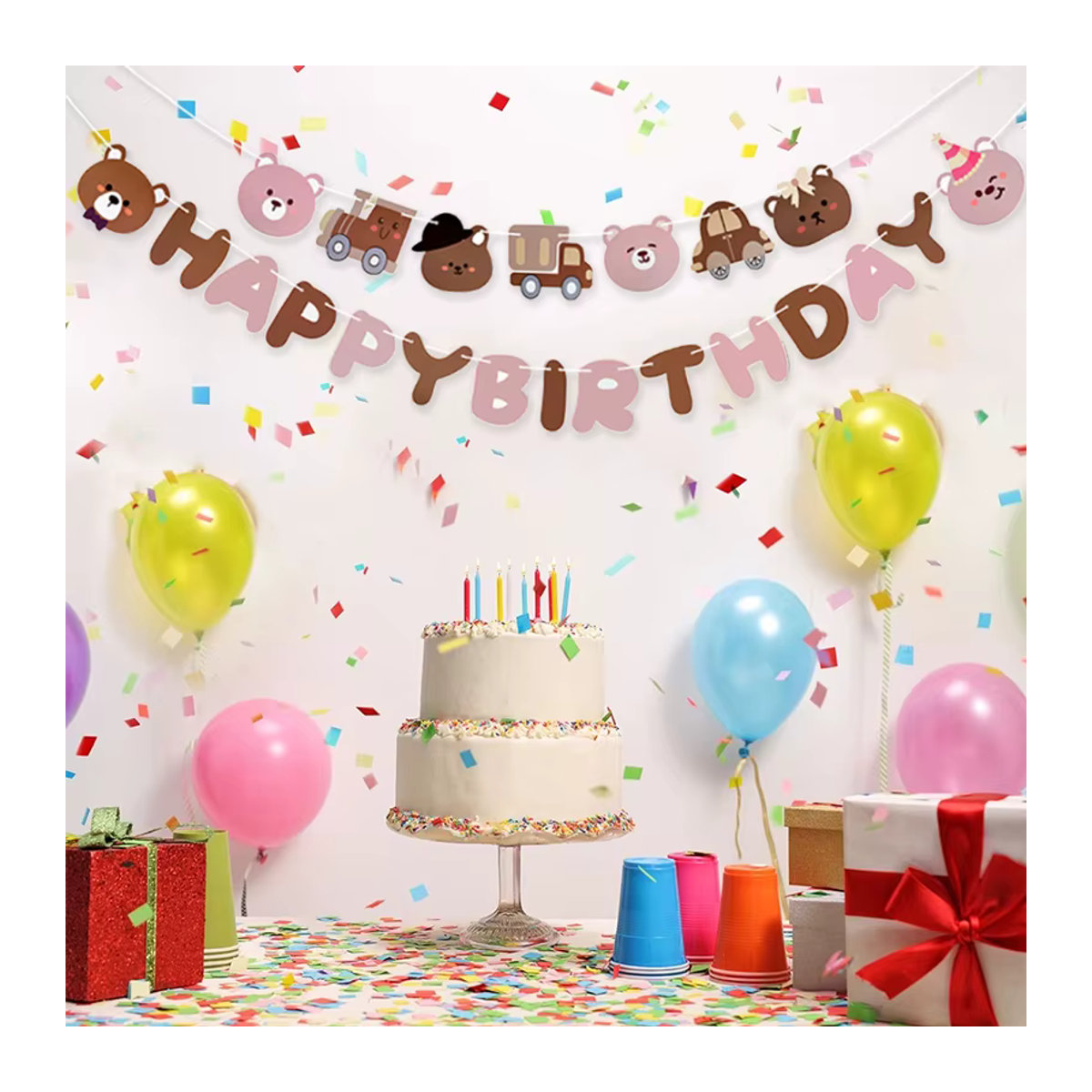 CYZIWEIN Bär Alles Gute zum Geburtstag Banner, Mehrfarbige Papier Hängegirlande für Kinder und Babyparty Dekoration - Bild 3