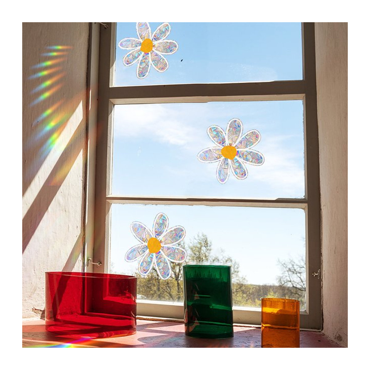 Daisy Flower Sun Catcher Aufkleber aus PVC, selbstklebendes Fenster Tattoo mit Regenbogeneffekt für Schlafzimmer und Home Decor - Bild 1