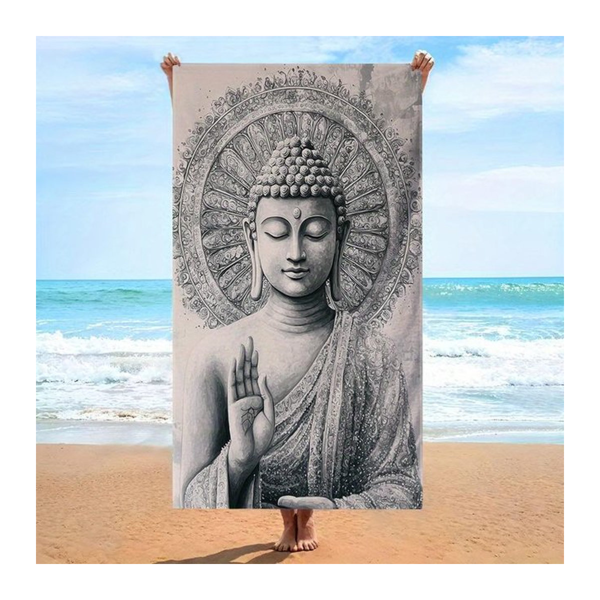 Dalangpa Mikrofaser Handtuch Buddha Mandala Tuschekunst in Schwarz Weiß, B: 40 cm, H: 60 cm - Bild 1
