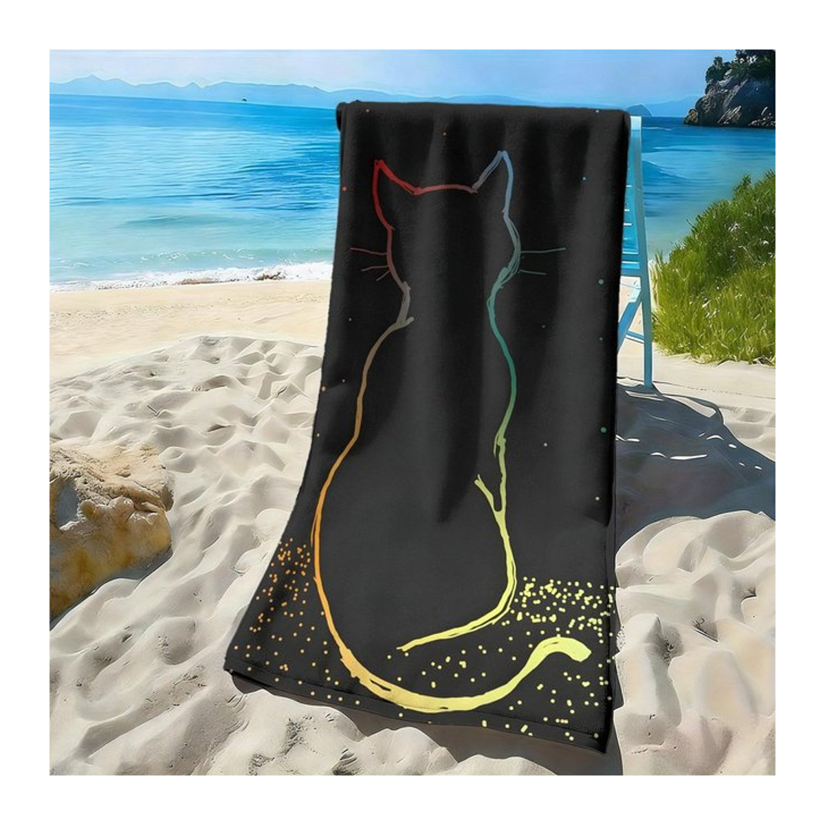 Dalangpa Strandtuch aus Polyester-Mikrofaser mit buntem Katzen-Farbverlauf und Linienmuster, B: 40 cm, H: 60 cm - Bild 1