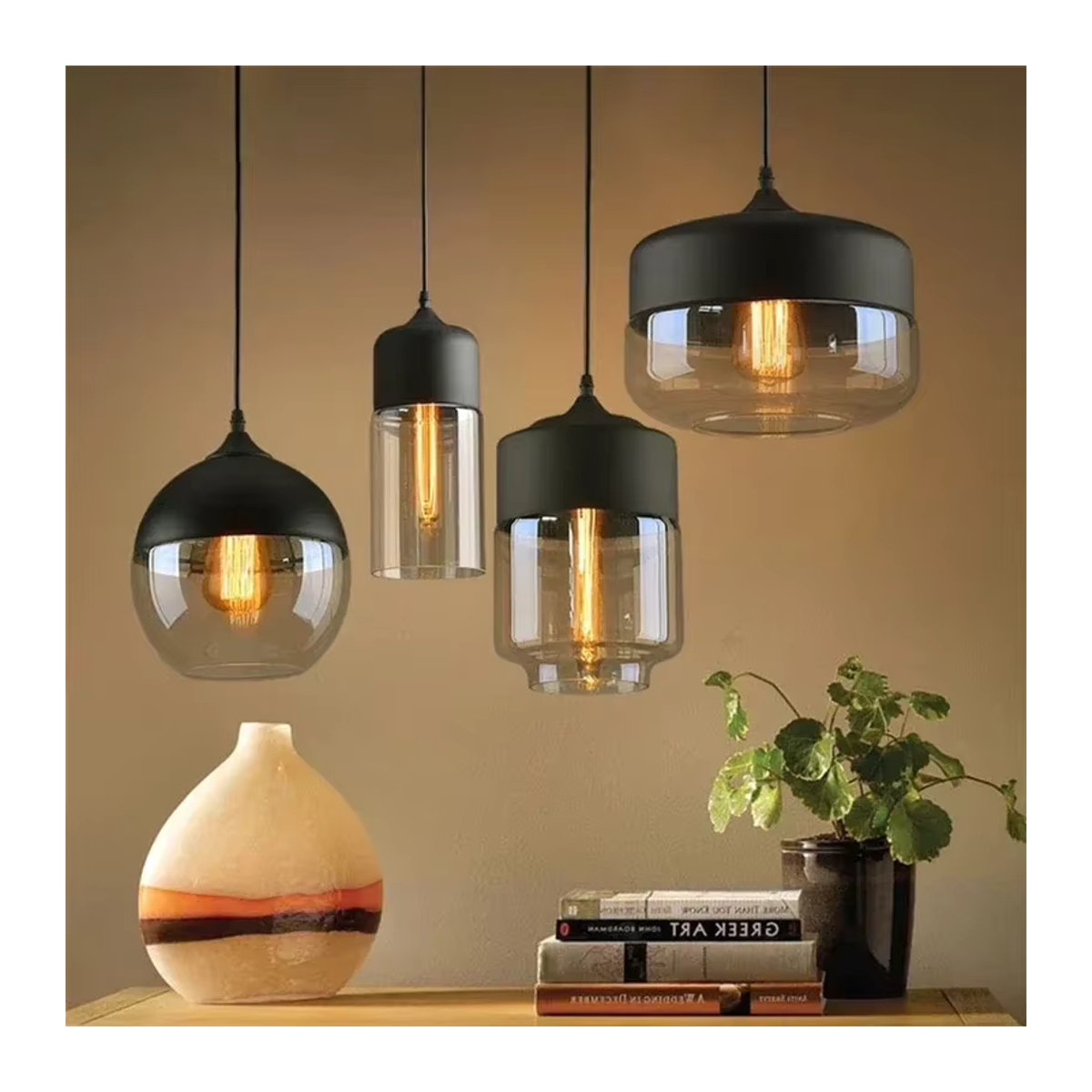 DAMIASMIL Pendelleuchte Nordic Design aus Glas und Holz mit LED in Natur oder Schwarz - Bild 2