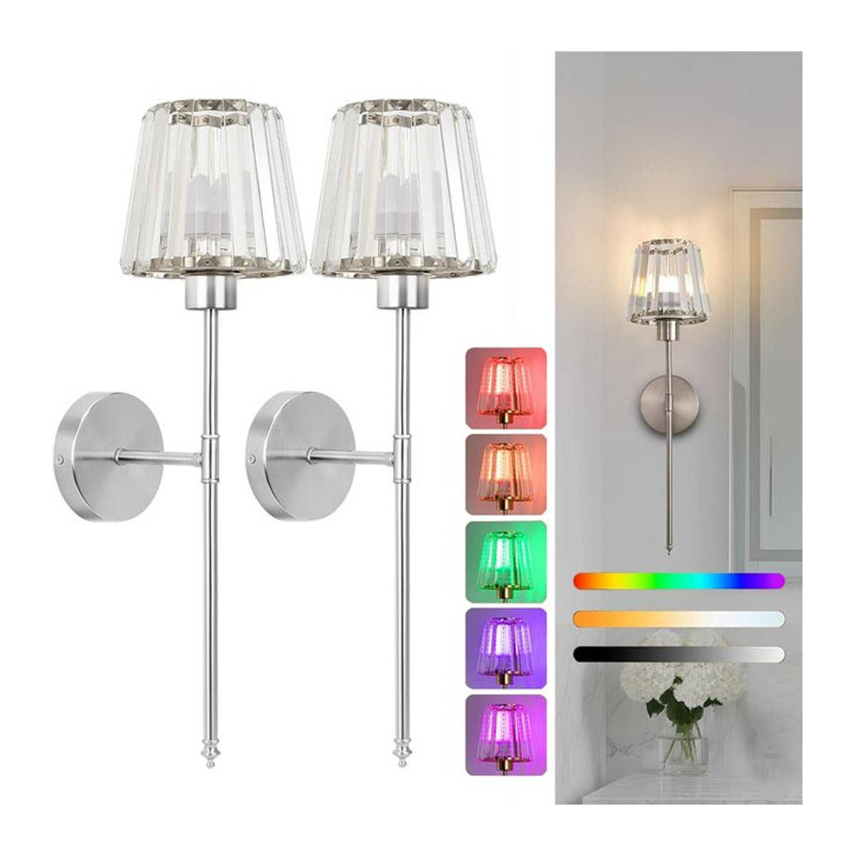 DARHYN Kristall-Wandleuchte im amerikanischen Stil mit LED, wiederaufladbar, Silber/Glas - Bild 1