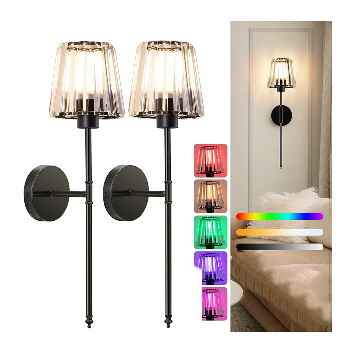 DARHYN Kristall-Wandleuchte im amerikanischen Stil mit LED, wiederaufladbar, Silber/Glas - Bild 2