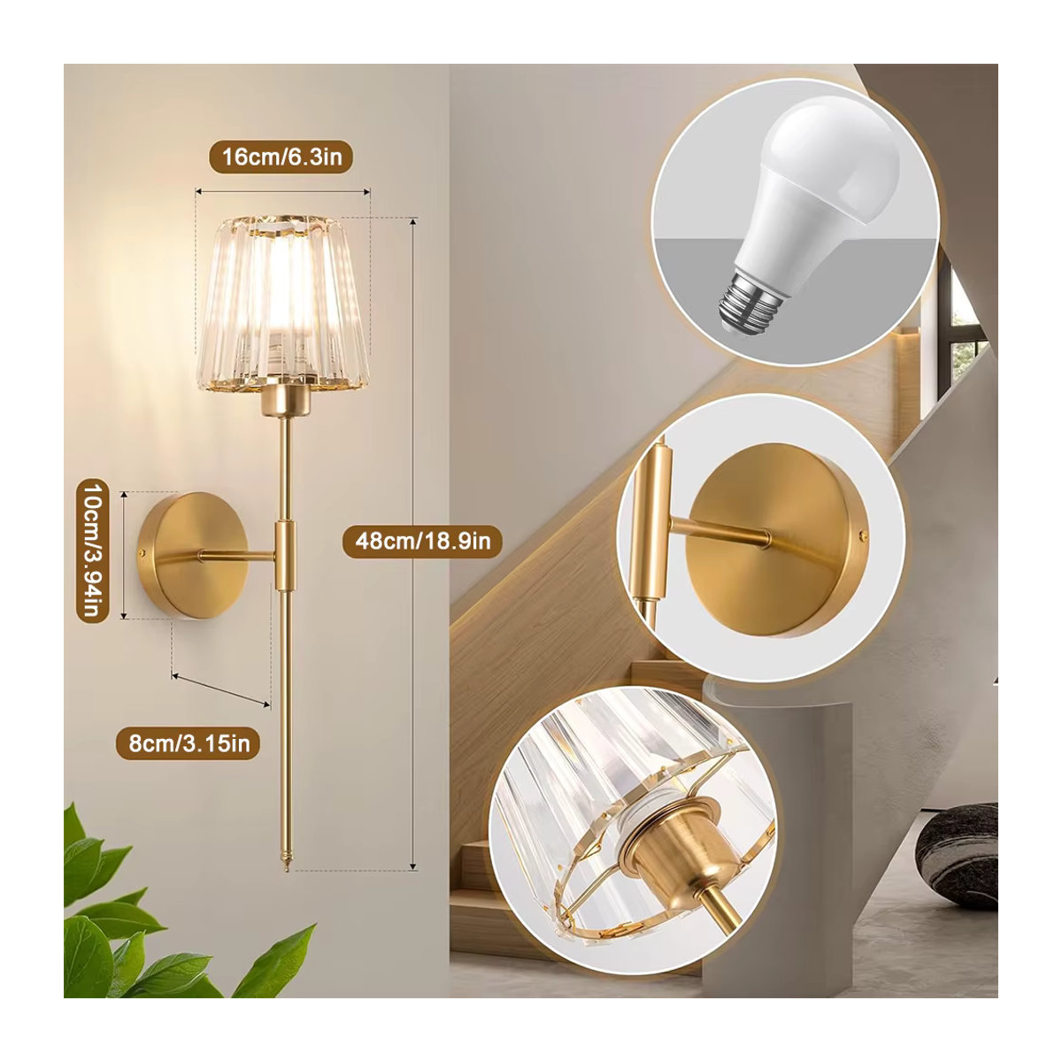DARHYN Kristall-Wandleuchte im amerikanischen Stil mit LED, wiederaufladbar, Silber/Glas - Bild 4