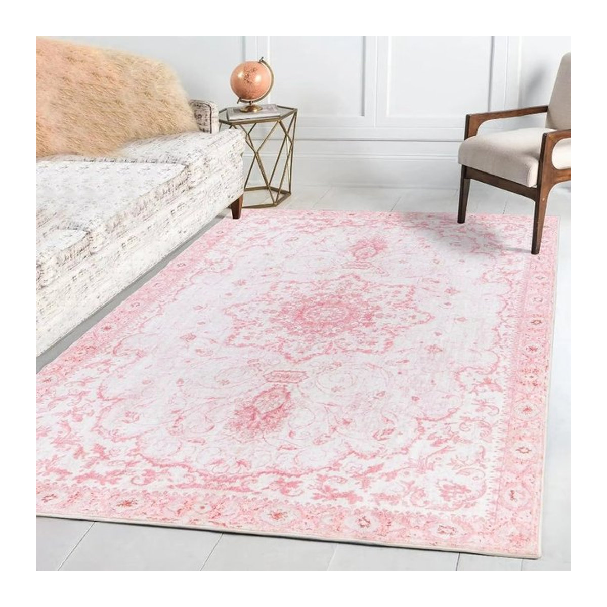 DASTICKING Druckteppich in Rosa mit Vintage-Print als rutschfester Teppich für Wohnzimmer und Schlafzimmer - Bild 1