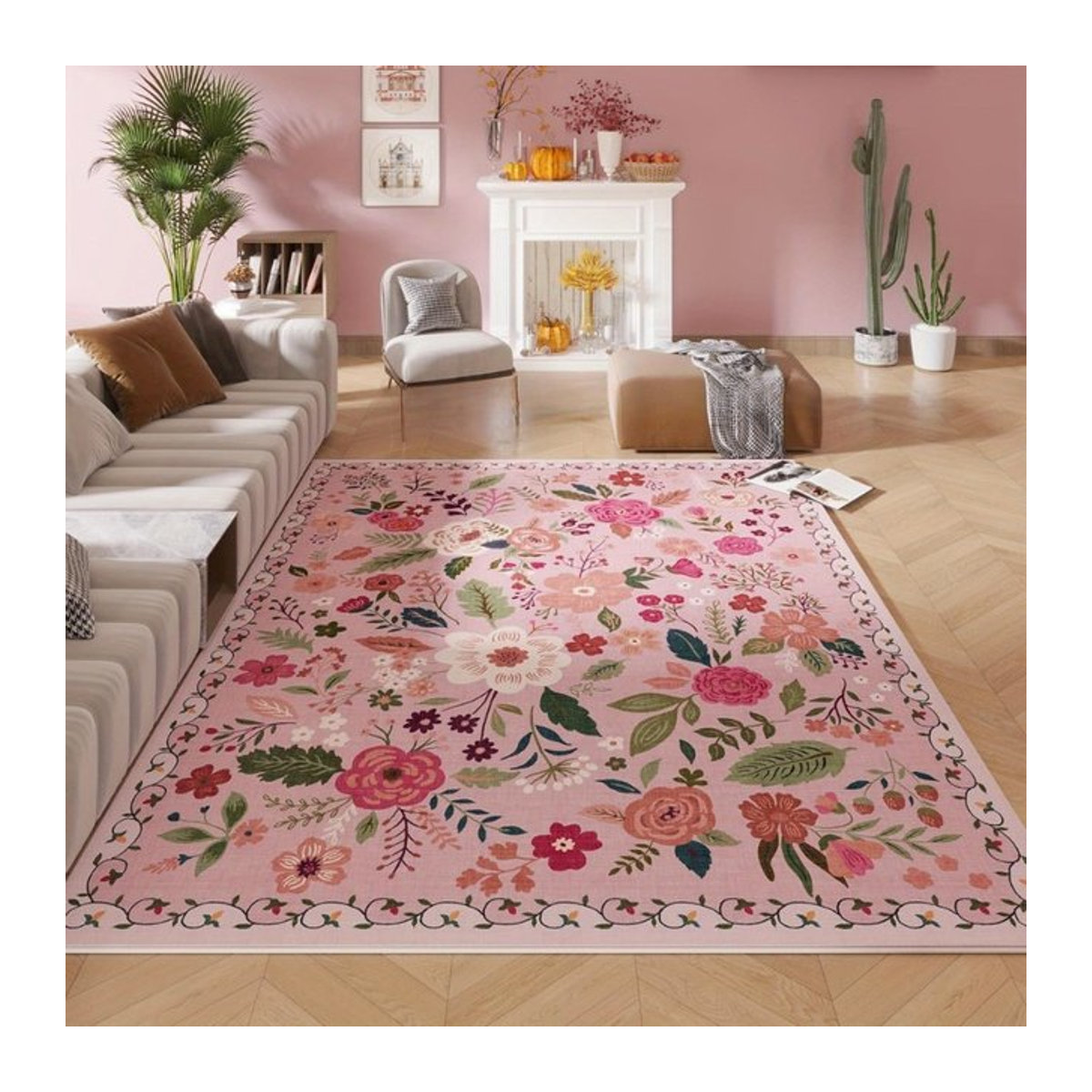 DASTICKING Vintage-Blumenmatte in Pink, rutschfest und maschinenwaschbar, ästhetisches Design aus Polyester für Wohnzimmer und Schlafzimmer - Bild 1