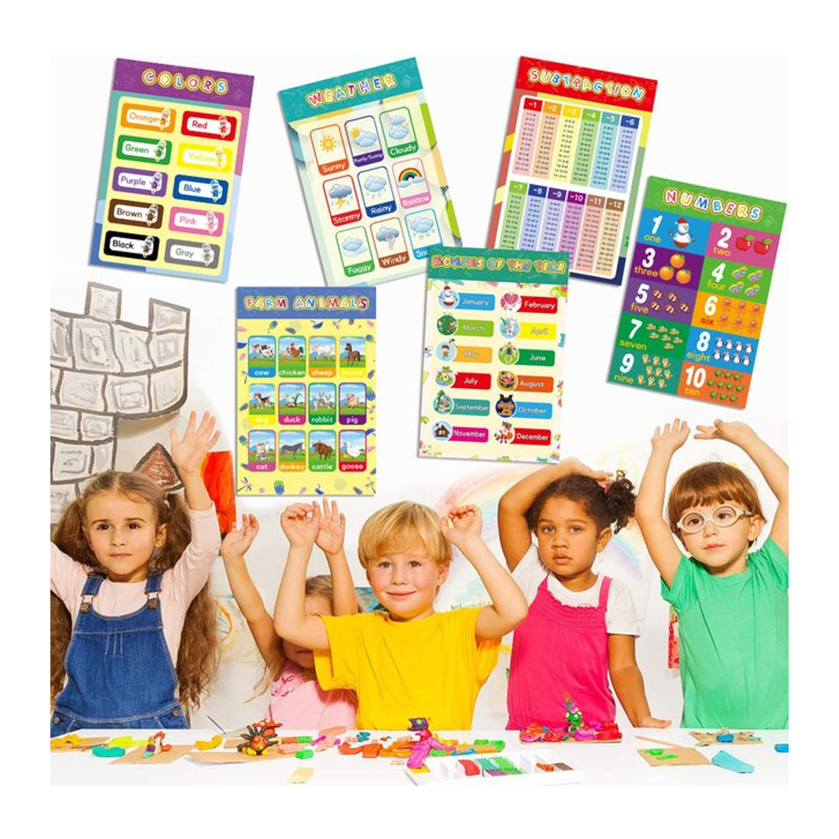 Datgo 16er Set Englische Lernposter für Kinder, Mehrfarbige Alphabet-Wandkarten zur Typografie und Pädagogik, Rechteckig und Rahmenlos - Bild 1