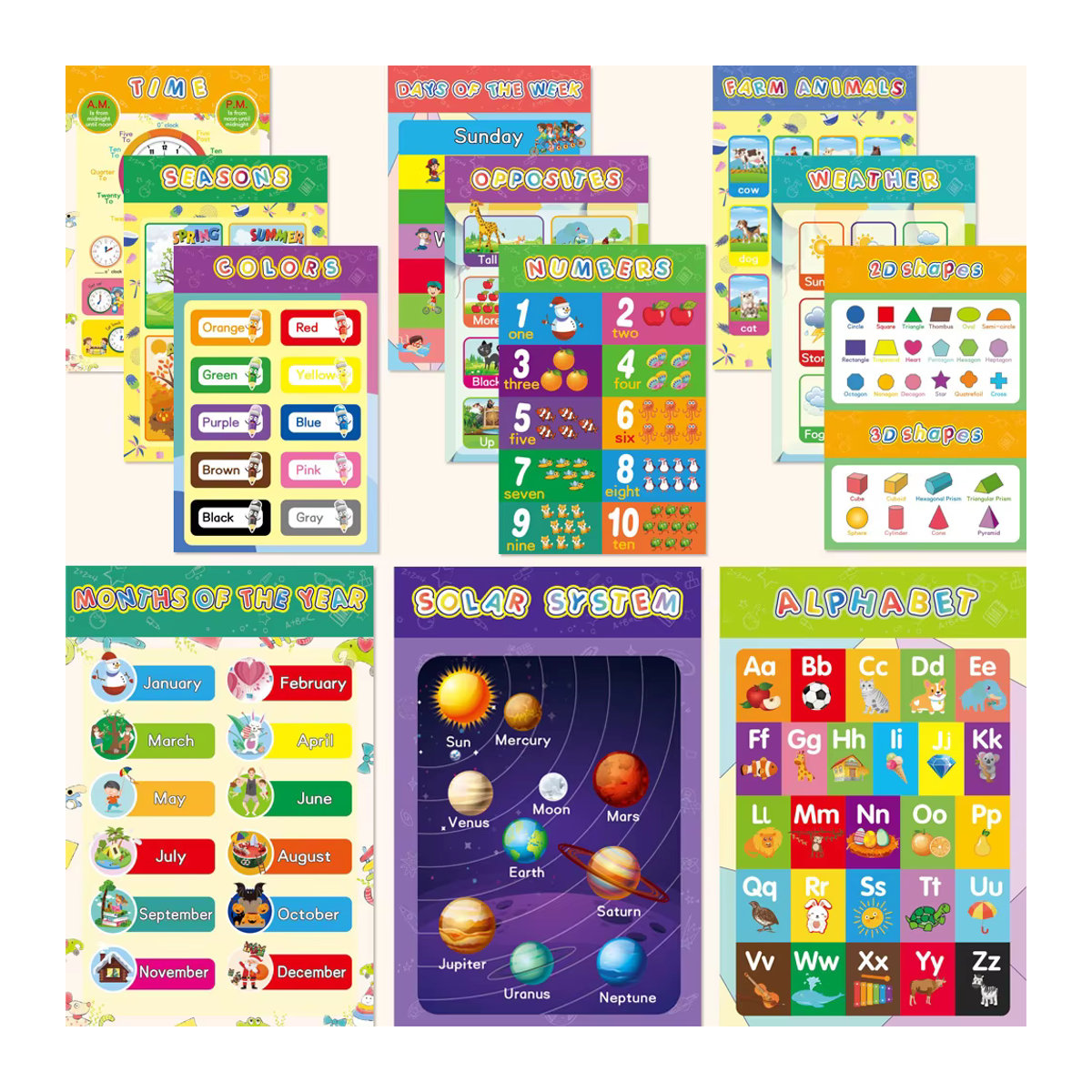 Datgo 16er Set Englische Lernposter für Kinder, Mehrfarbige Alphabet-Wandkarten zur Typografie und Pädagogik, Rechteckig und Rahmenlos - Bild 2