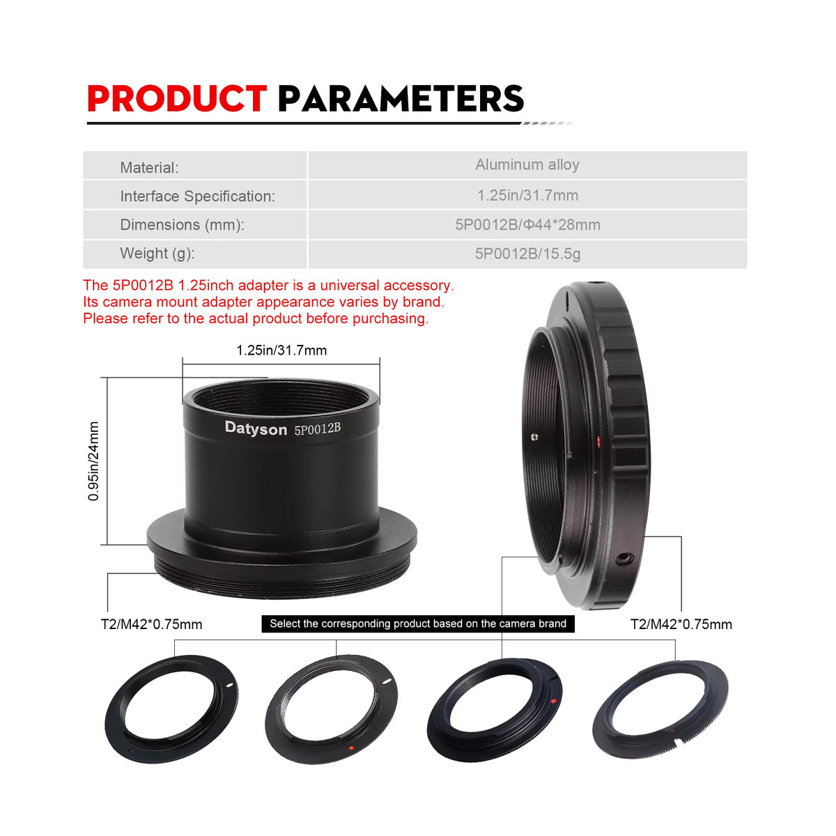 Datyson Teleskop T2-Kamera-Adapter-Set Schwarz mit 1,25-Zoll-Fokussierer und M42 x 0,75 mm Gewinde für Astrofotografie - Bild 5