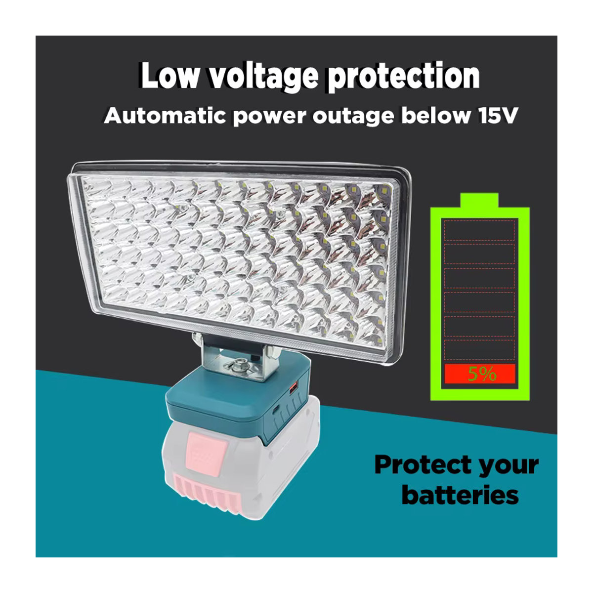 dawupine LED Arbeitsleuchte mit 72 LEDs und USB Typ C Power Bank Funktion für Makita DeWalt Bosch und Milwaukee 18V 20V Li-Ion Akkus - Bild 3