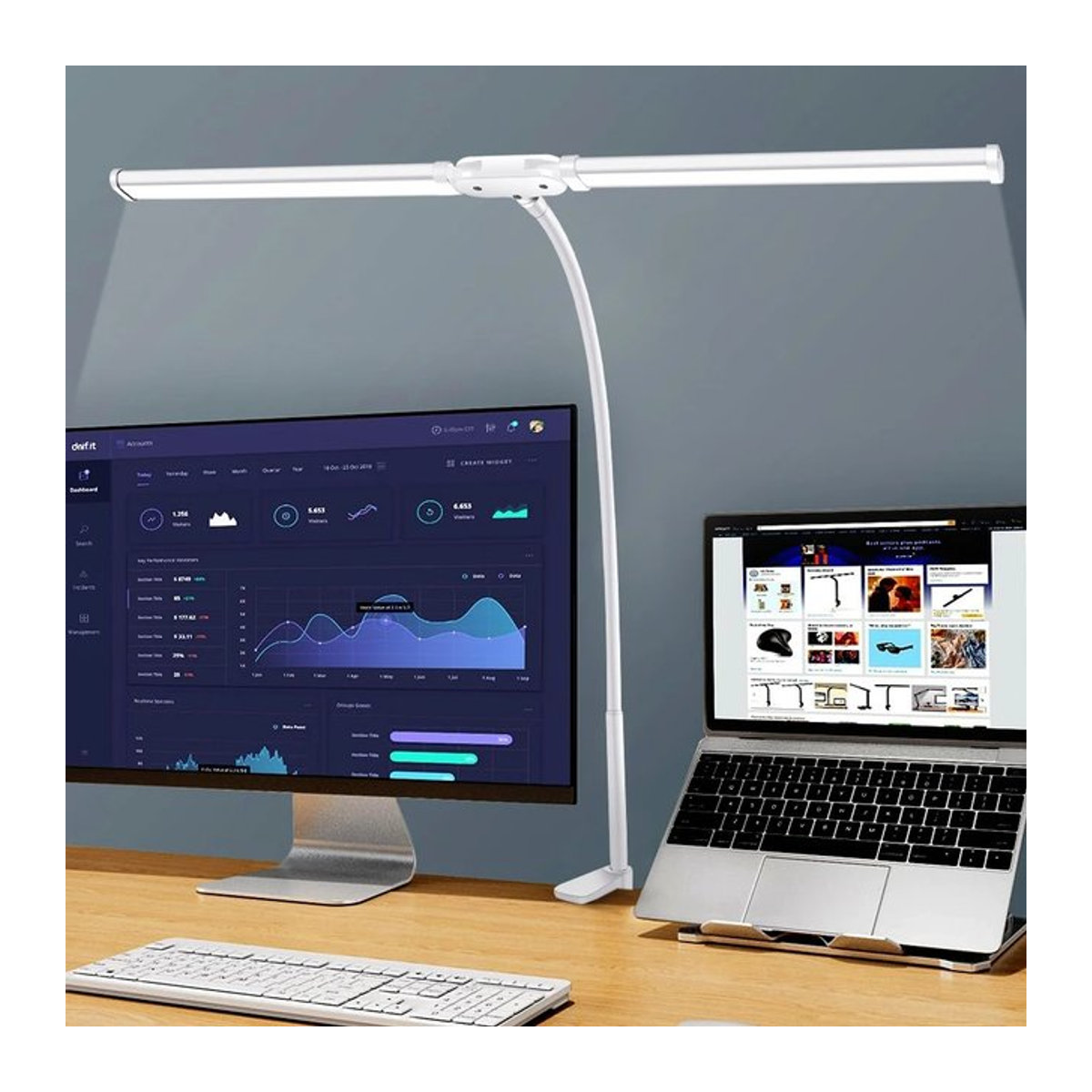 DBF Doppelkopf-LED-Schreibtischlampe in Weiß, stufenlos dimmbar mit Clip-Funktion für Büro und Schlafzimmer - Bild 1