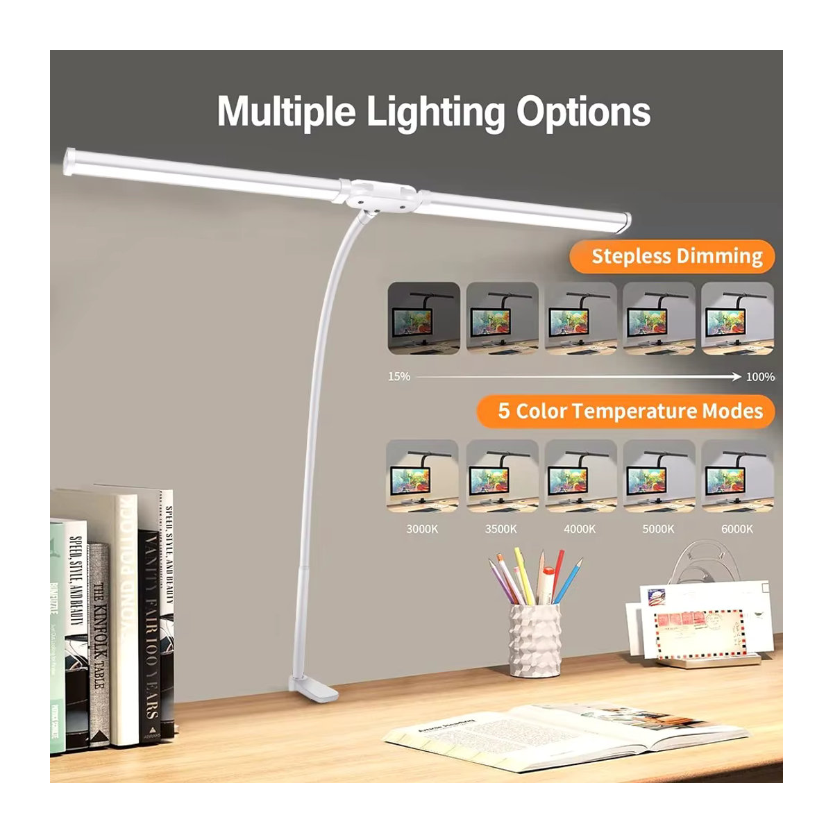 DBF Doppelkopf-LED-Schreibtischlampe in Weiß, stufenlos dimmbar mit Clip-Funktion für Büro und Schlafzimmer - Bild 3