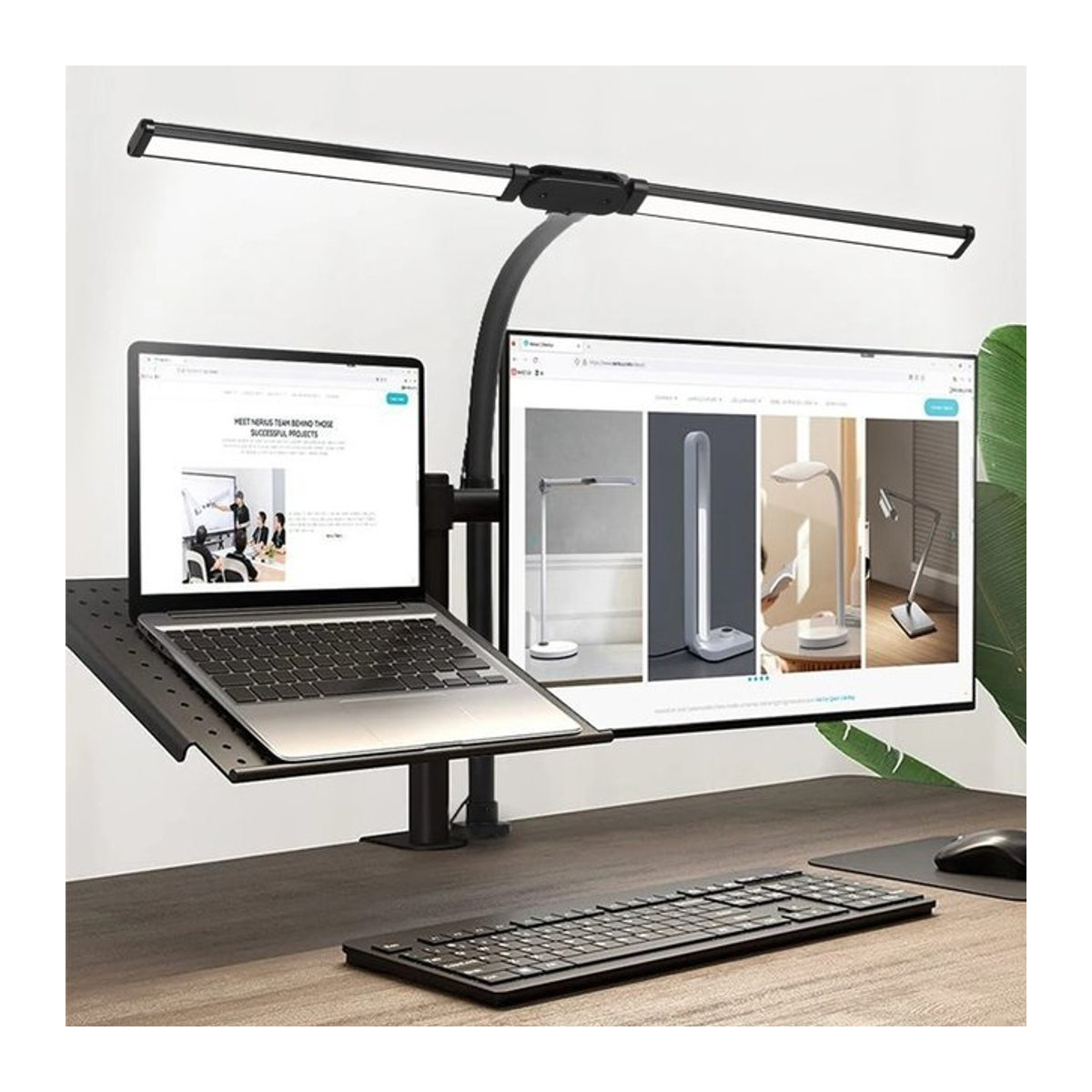 DBF Doppelte LED Clip Schreibtischlampe mit zwei Köpfen, dimmbar, Schwarz, minimalistisches Design für Büro und Computer - Bild 1