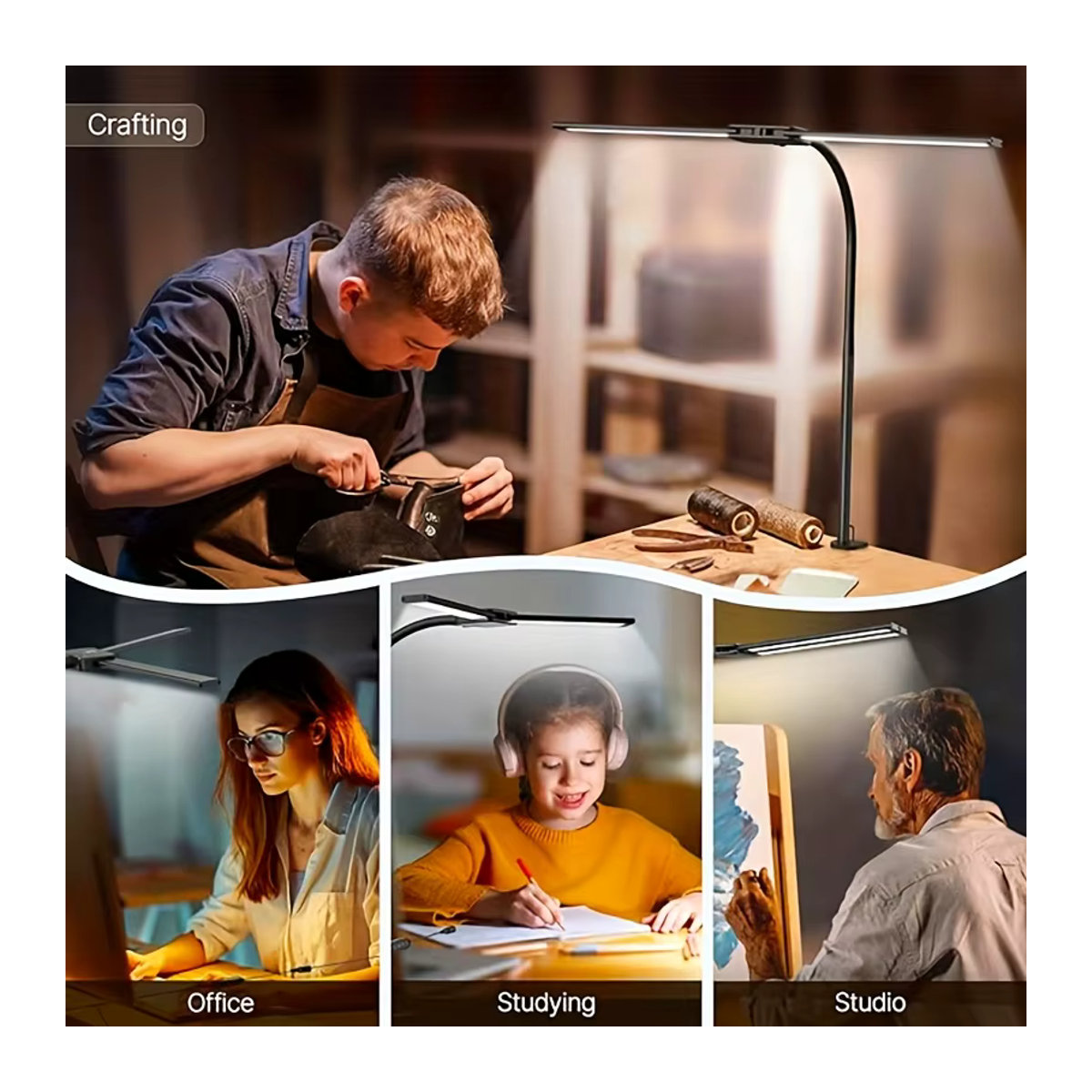 DBF Doppelte LED Clip Schreibtischlampe mit zwei Köpfen, dimmbar, Schwarz, minimalistisches Design für Büro und Computer - Bild 6