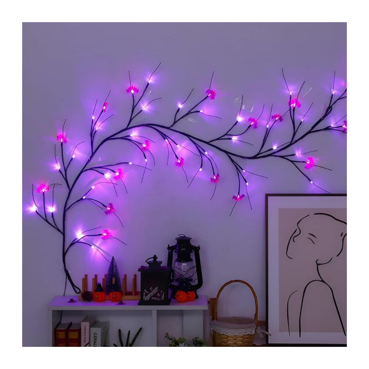 DBF Halloween LED Lichterkette mit Fledermaus und Kürbis in Lila und Bunt als biegsame Weidenreben-Deko für deine Party und dein Zuhause - Bild 1