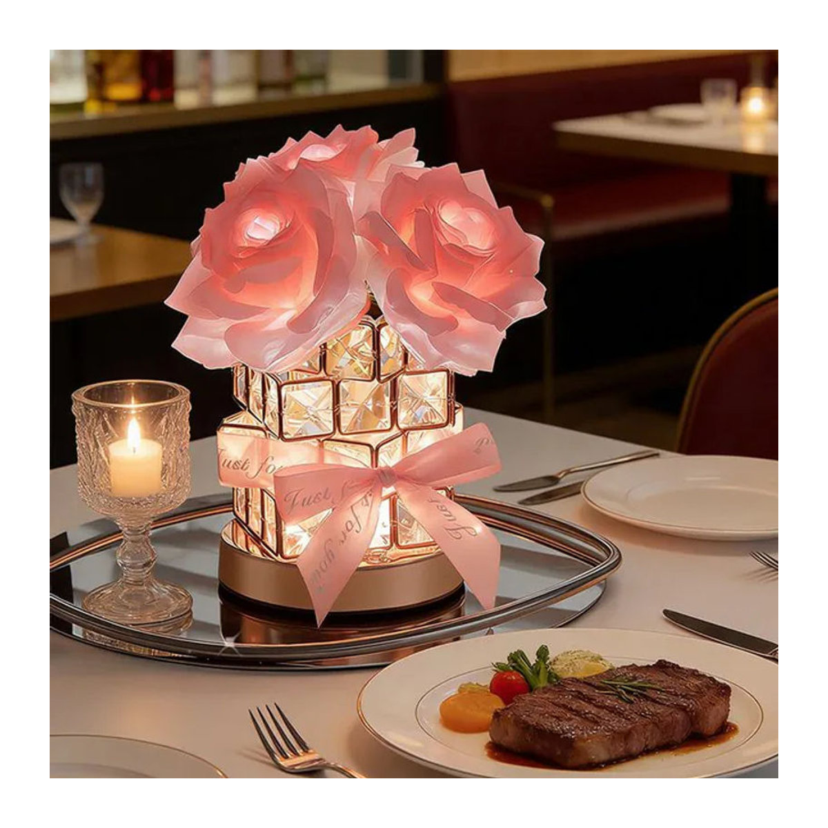 DBF LED Kristall-Rosen-Tischlampe in Rosa, dimmbar mit 3 Farben für kreative Atmosphärenbeleuchtung - Bild 1