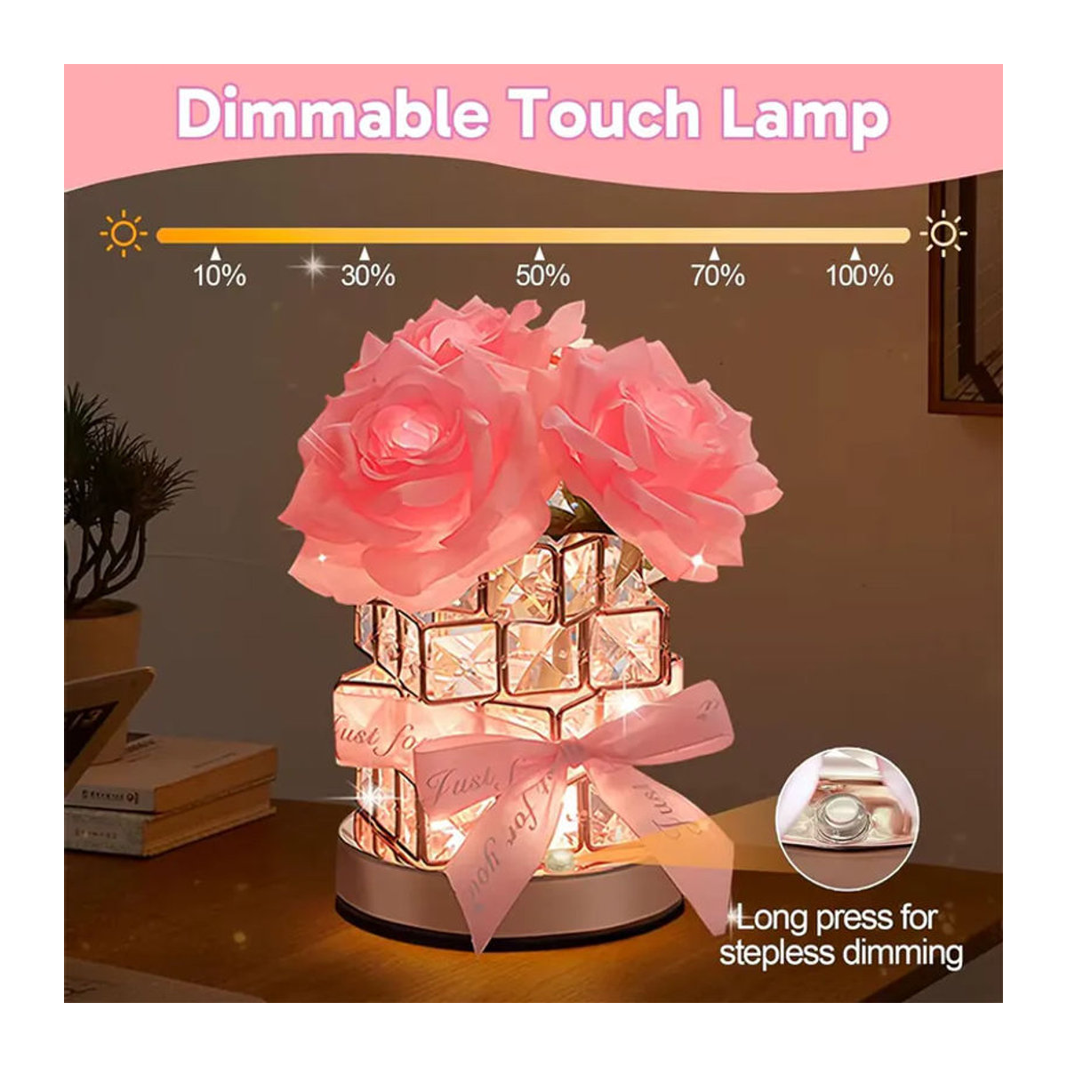 DBF LED Kristall-Rosen-Tischlampe in Rosa, dimmbar mit 3 Farben für kreative Atmosphärenbeleuchtung - Bild 2