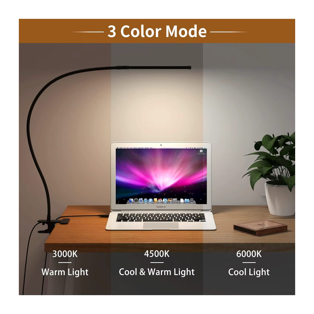 DBF LED-Schreibtischlampe mit Klemme in Schwarz, verstellbarer Schwanenhals mit 3 Farbmodi und 10 Helligkeitsstufen, USB-Augenpflege Tischlampe im minimalistischen Design - Bild 2