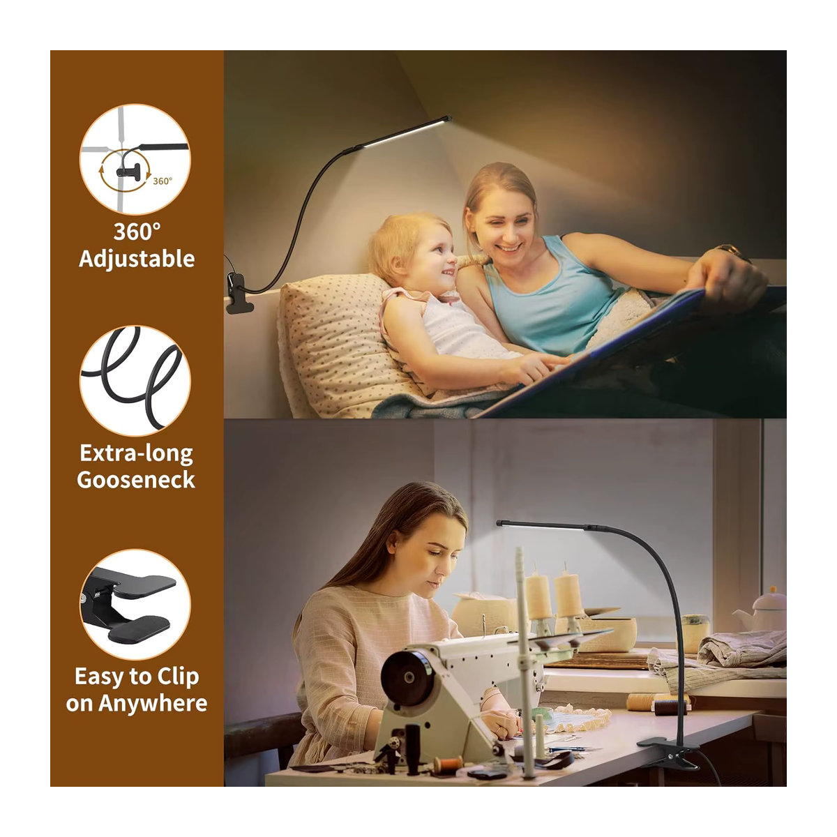 DBF LED-Schreibtischlampe mit Klemme in Schwarz, verstellbarer Schwanenhals mit 3 Farbmodi und 10 Helligkeitsstufen, USB-Augenpflege Tischlampe im minimalistischen Design - Bild 3