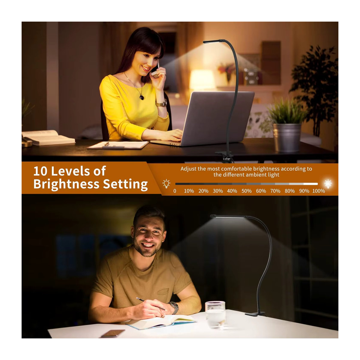 DBF LED-Schreibtischlampe mit Klemme in Schwarz, verstellbarer Schwanenhals mit 3 Farbmodi und 10 Helligkeitsstufen, USB-Augenpflege Tischlampe im minimalistischen Design - Bild 5