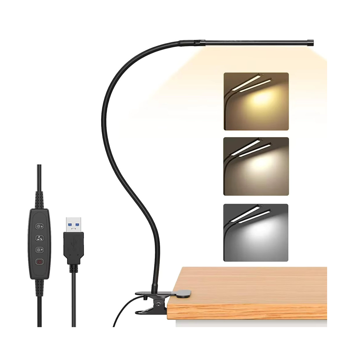 DBF LED-Schreibtischlampe mit Klemme in Schwarz, verstellbarer Schwanenhals mit 3 Farbmodi und 10 Helligkeitsstufen, USB-Augenpflege Tischlampe im minimalistischen Design - Bild 7