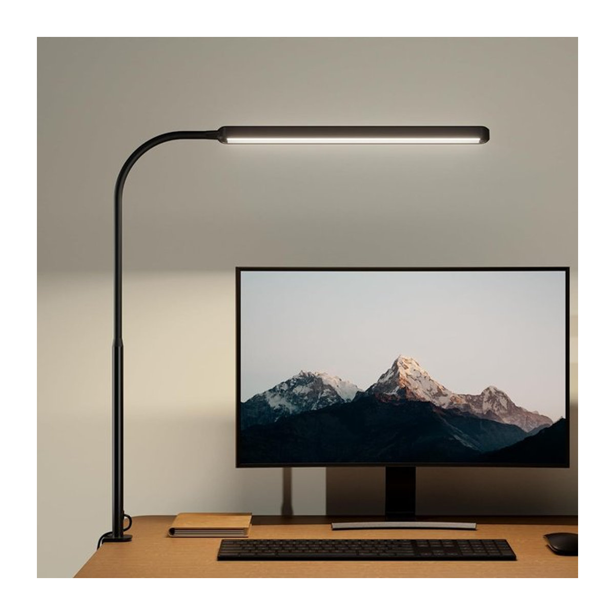DBF LED-Schreibtischlampe Schwarz mit Schreibtischklemme, 360 Grad flexibler Schwanenhals, 3-farbig dimmbar und augenschonend - Bild 1