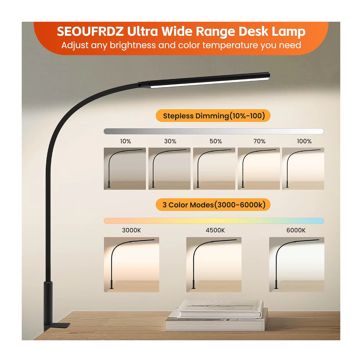 DBF LED-Schreibtischlampe Schwarz mit Schreibtischklemme, 360 Grad flexibler Schwanenhals, 3-farbig dimmbar und augenschonend - Bild 2