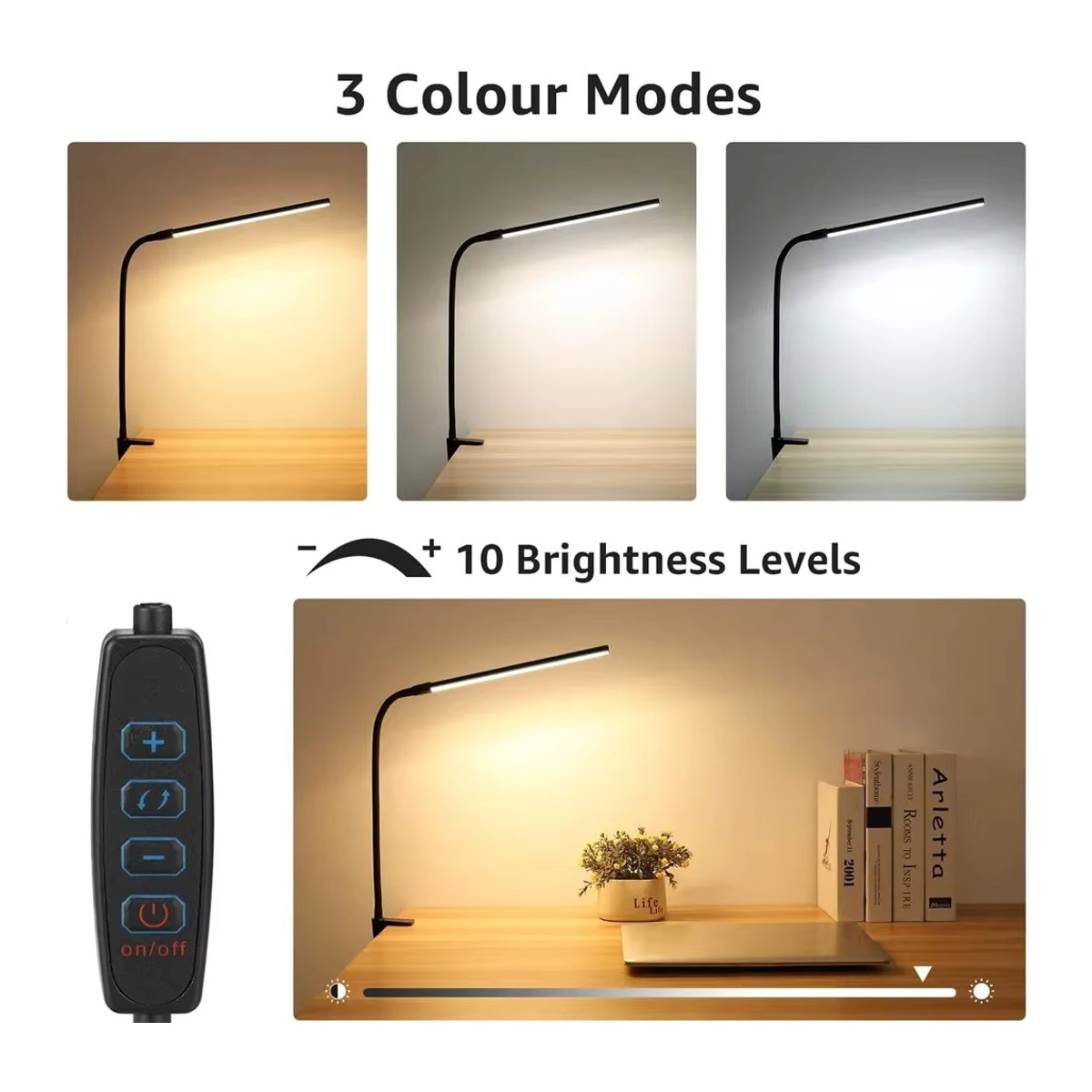 DBF LED-Schreibtischlampe Schwarz mit Schreibtischklemme, 360 Grad flexibler Schwanenhals, 3-farbig dimmbar und augenschonend - Bild 3