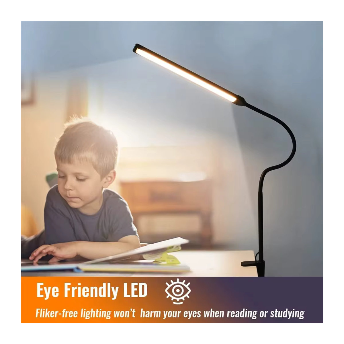 DBF LED-Schreibtischlampe Schwarz mit Schreibtischklemme, 360 Grad flexibler Schwanenhals, 3-farbig dimmbar und augenschonend - Bild 5