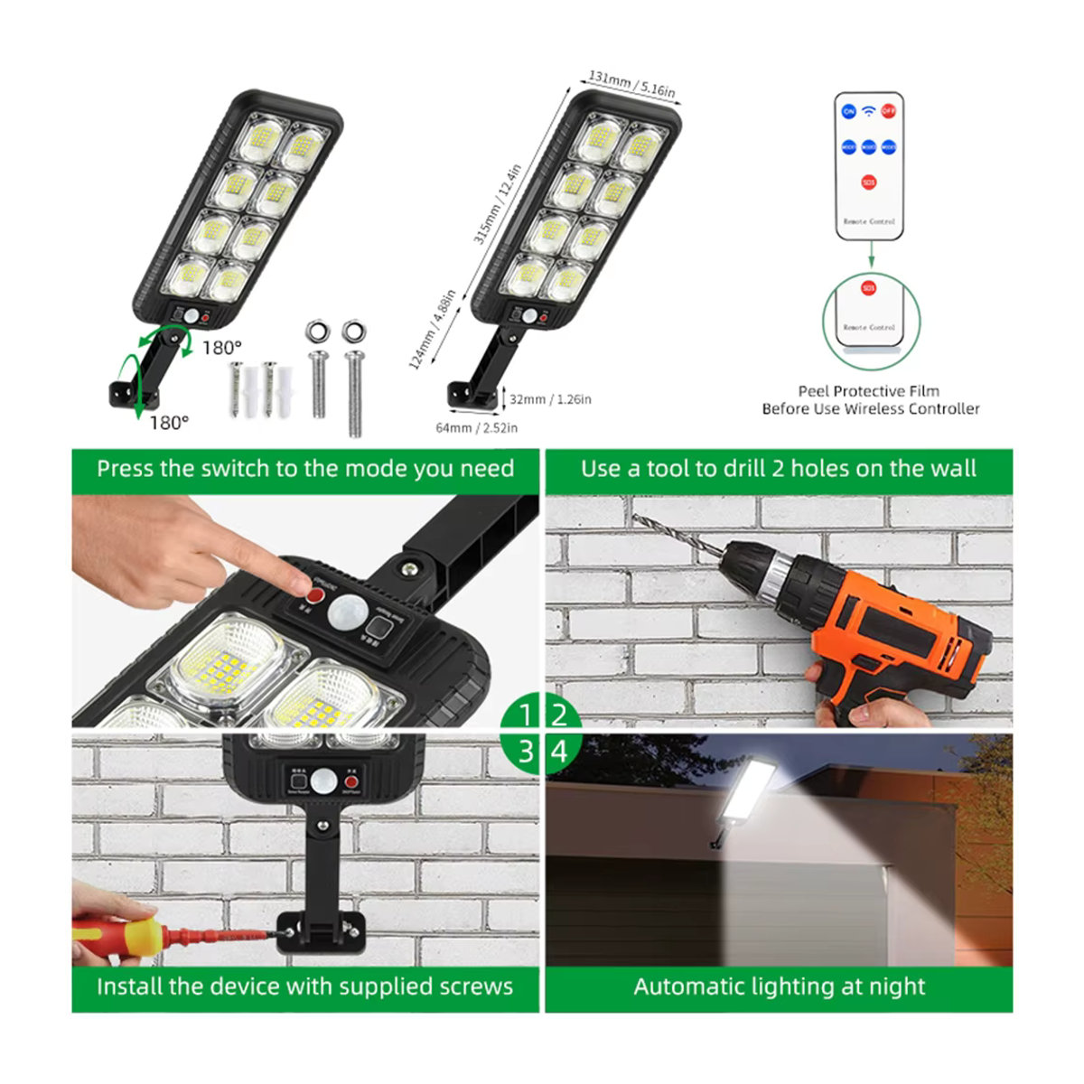 DBF LED Solar-Straßenlaterne mit Bewegungsmelder und Fernbedienung, IP65 wasserdichte Solar-Wandleuchte in Schwarz für Garten und Hof - Bild 4