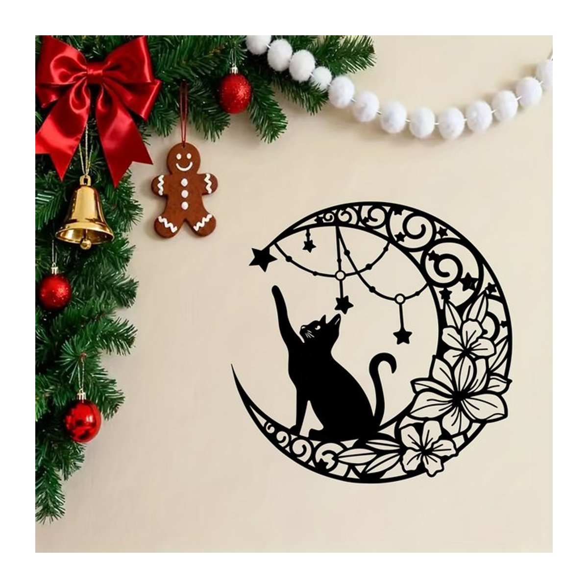 DDPNKL Metall-Wandkunst Katze auf Halbmond mit Sternen, Wandskulptur aus Eisen in Schwarz, Wandmontierte Dekoration für Wohnzimmer und Weihnachten - Bild 1