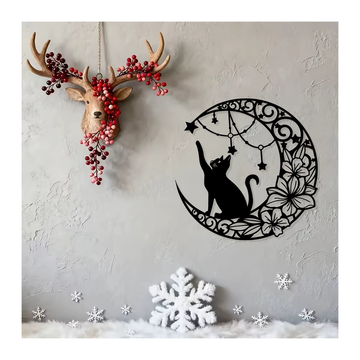 DDPNKL Metall-Wandkunst Katze auf Halbmond mit Sternen, Wandskulptur aus Eisen in Schwarz, Wandmontierte Dekoration für Wohnzimmer und Weihnachten - Bild 2