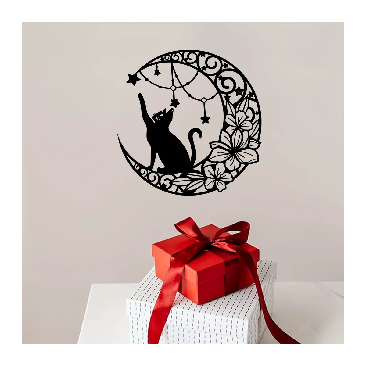 DDPNKL Metall-Wandkunst Katze auf Halbmond mit Sternen, Wandskulptur aus Eisen in Schwarz, Wandmontierte Dekoration für Wohnzimmer und Weihnachten - Bild 3
