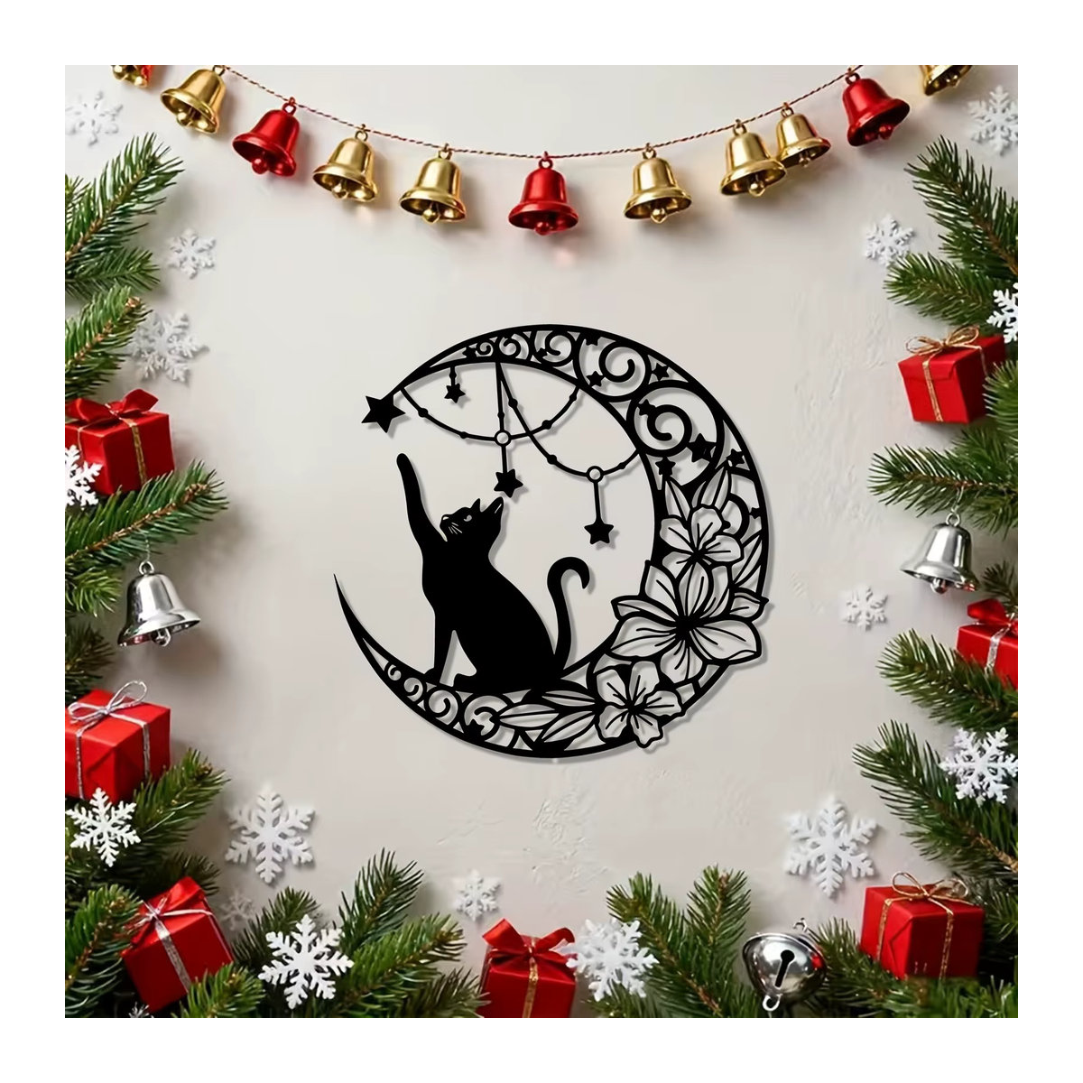 DDPNKL Metall-Wandkunst Katze auf Halbmond mit Sternen, Wandskulptur aus Eisen in Schwarz, Wandmontierte Dekoration für Wohnzimmer und Weihnachten - Bild 4