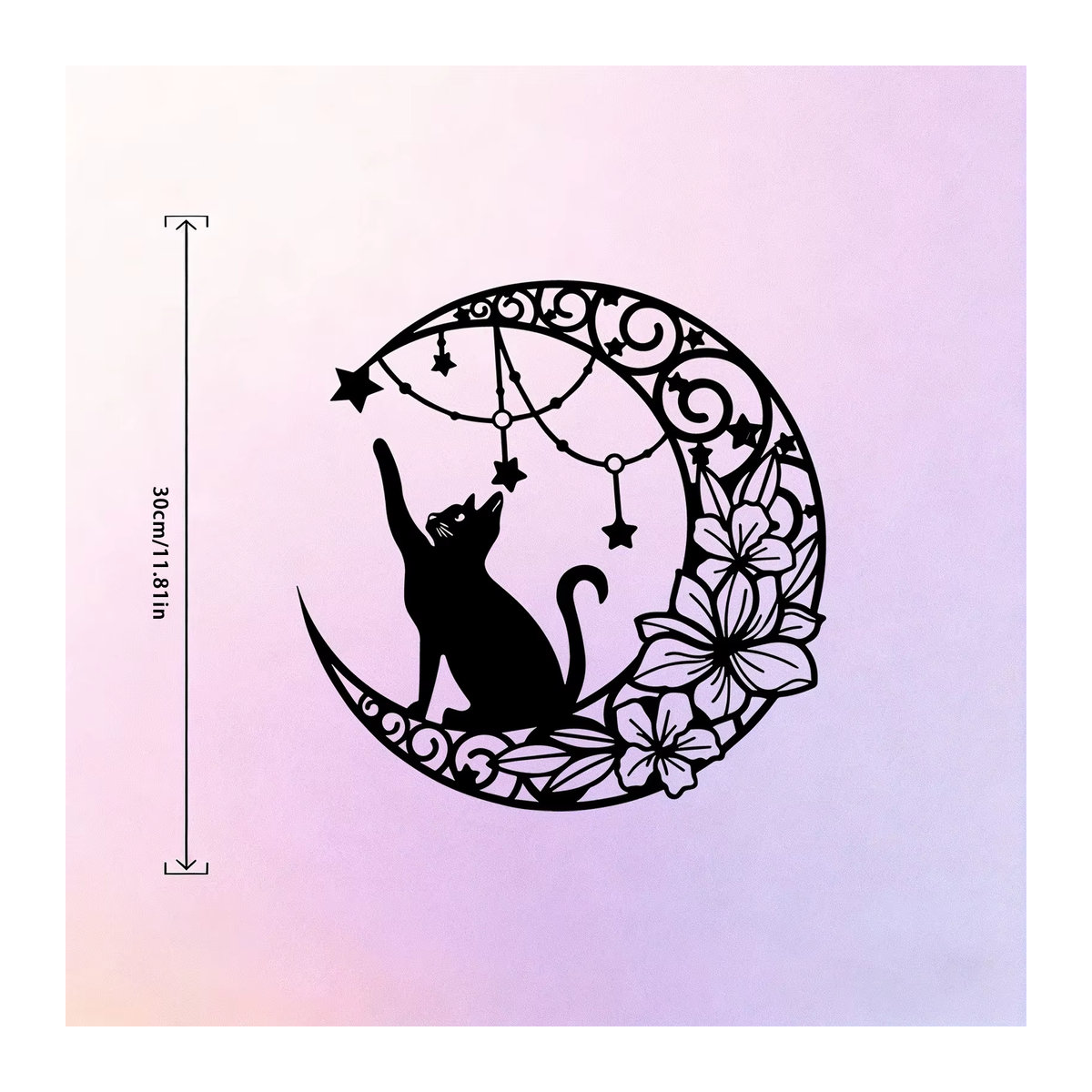 DDPNKL Metall-Wandkunst Katze auf Halbmond mit Sternen, Wandskulptur aus Eisen in Schwarz, Wandmontierte Dekoration für Wohnzimmer und Weihnachten - Bild 5