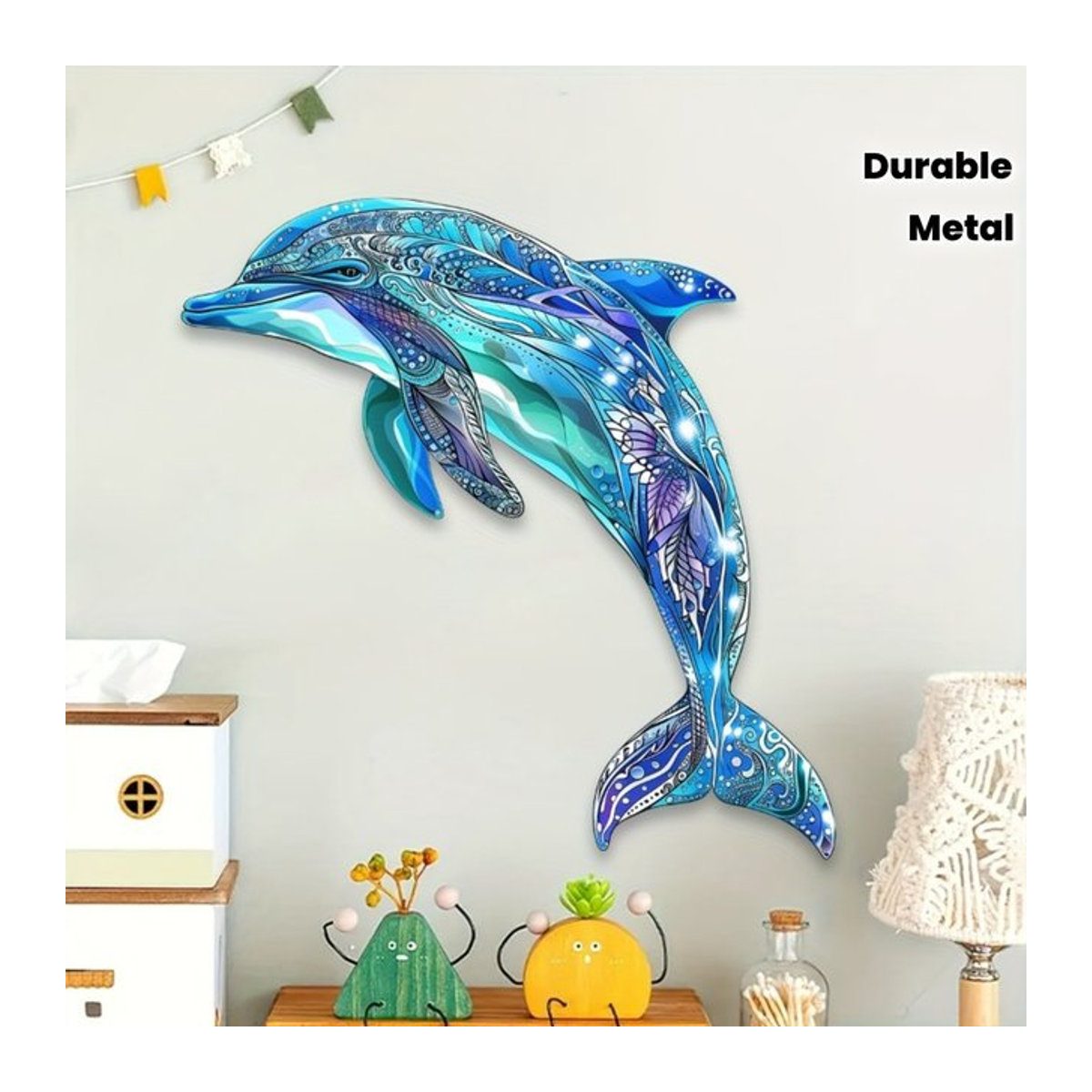DDPNKL Wandkunst Delfin aus Metall in Bunt für Wohnzimmer, Schlafzimmer und Außenbereiche - Bild 1