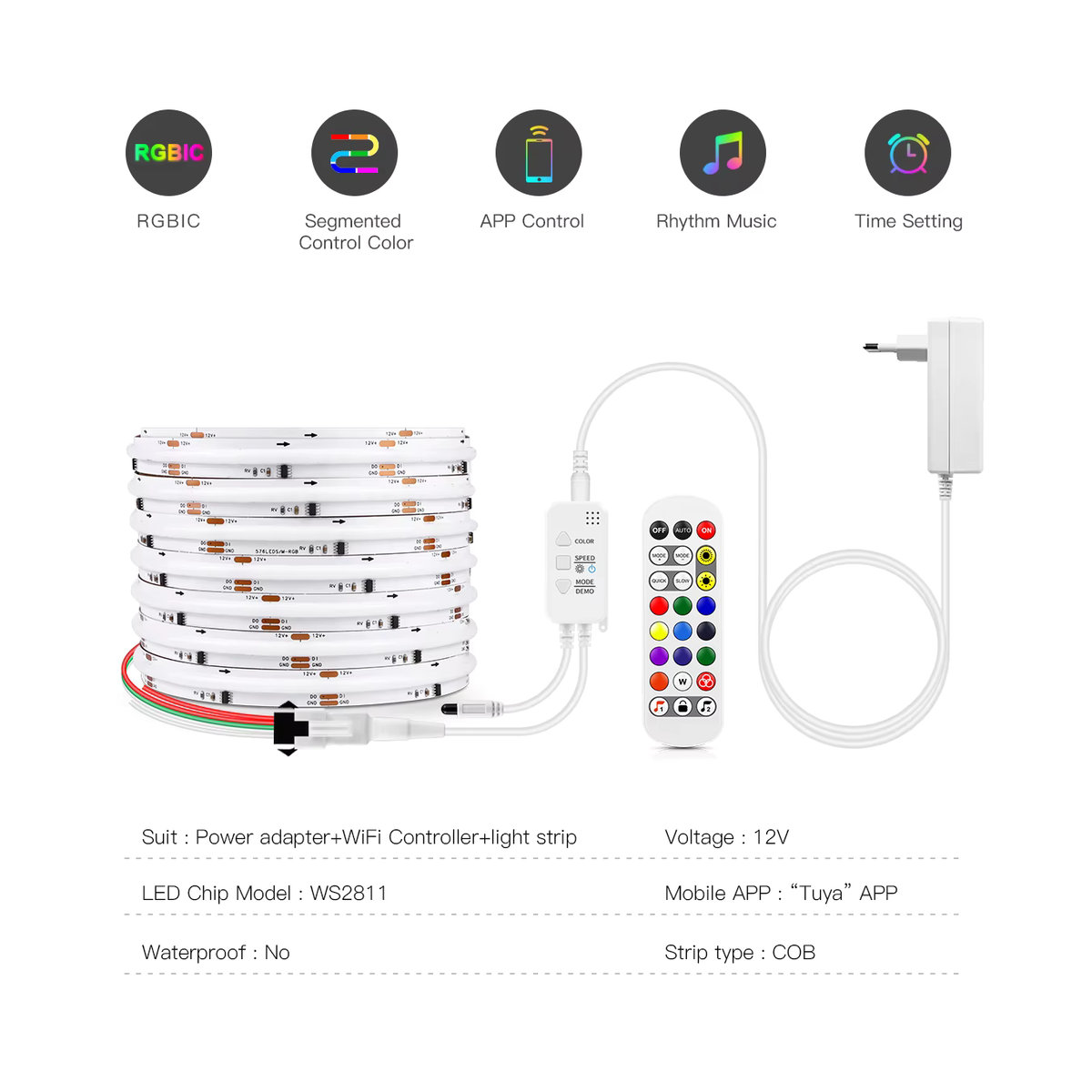 Dearmcolor RGBIC Neon-LED-Streifen mit Tuya WiFi, adressierbarer COB-LED-Streifen mit 576 LEDs/m für Alexa und Google Home, DC12V - Bild 2